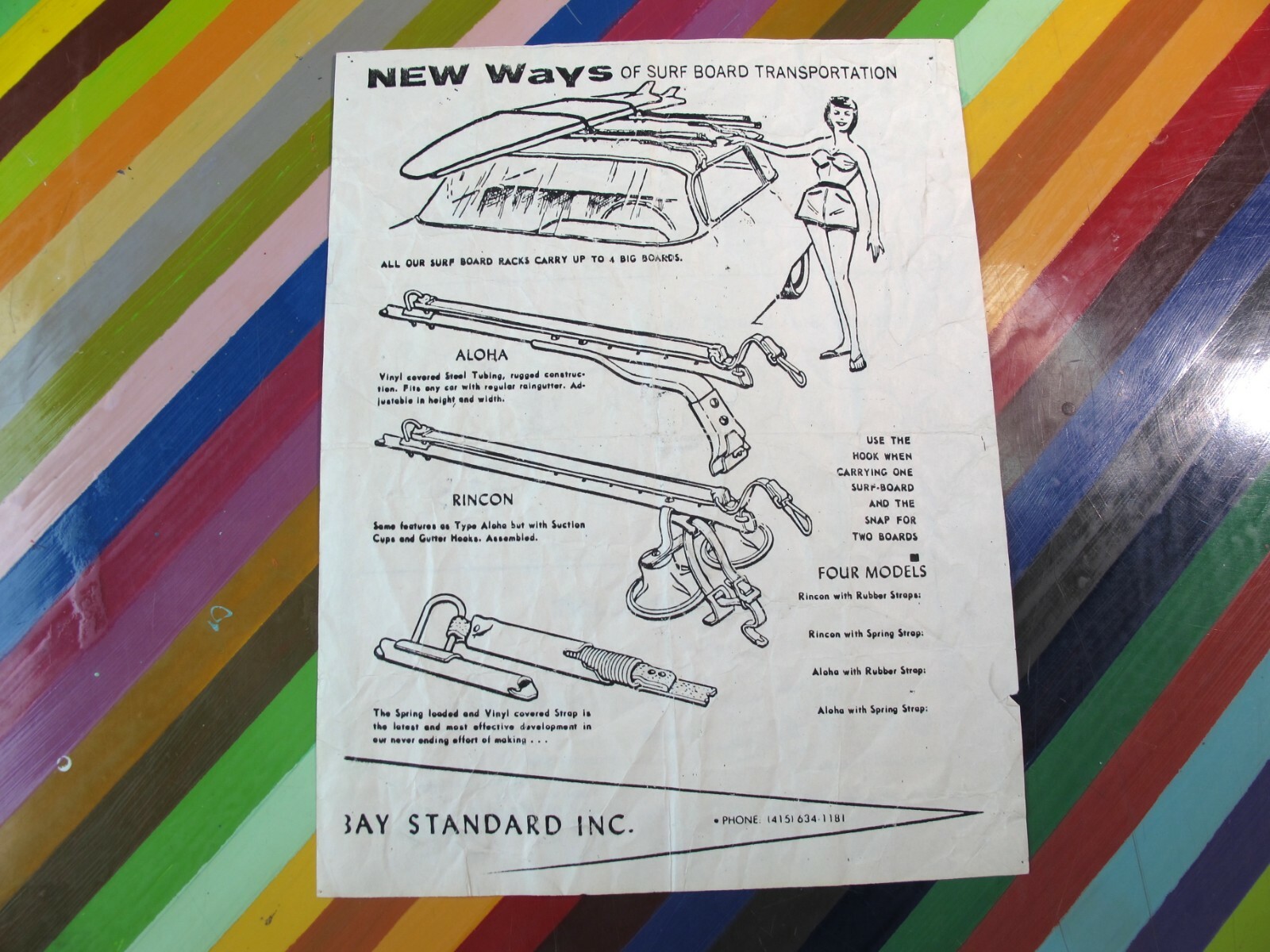 vtg 1960s Surfing ephemera – Bay Standard Board Transportation racks flyer woody