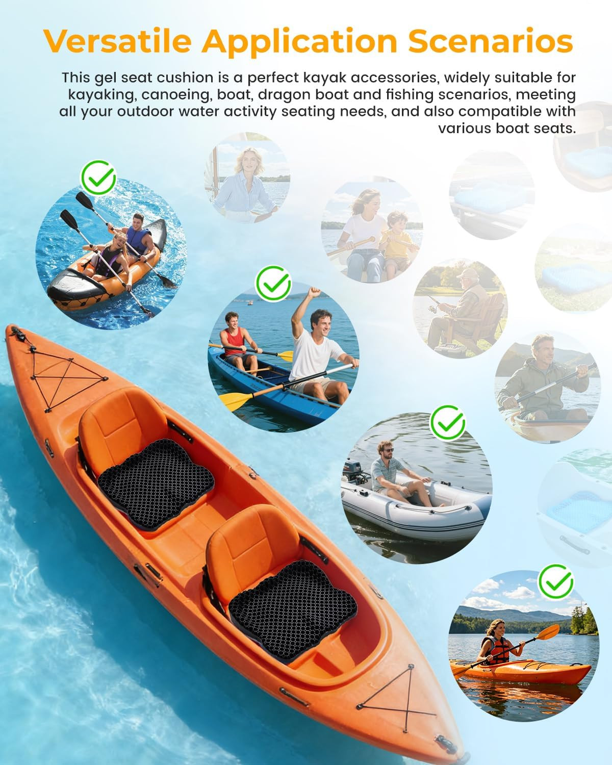 Premium Gel Kayak Seat Cushion, Thickened Non-Slip Waterproof Seat Pad, Breathab
