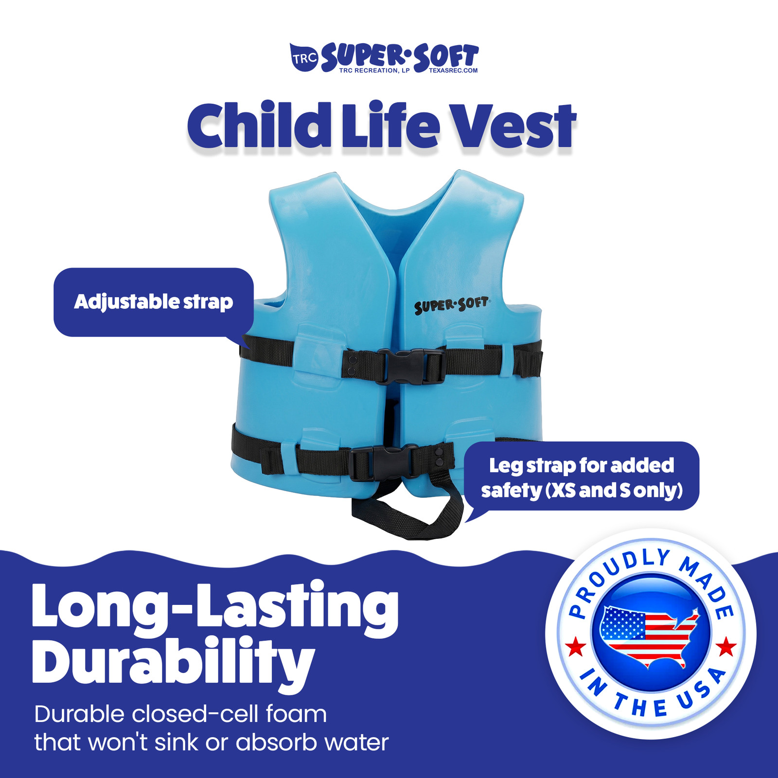 TRC Recreation Super Soft Child Life Jacket Swim Vest, X Small, Marina Blue