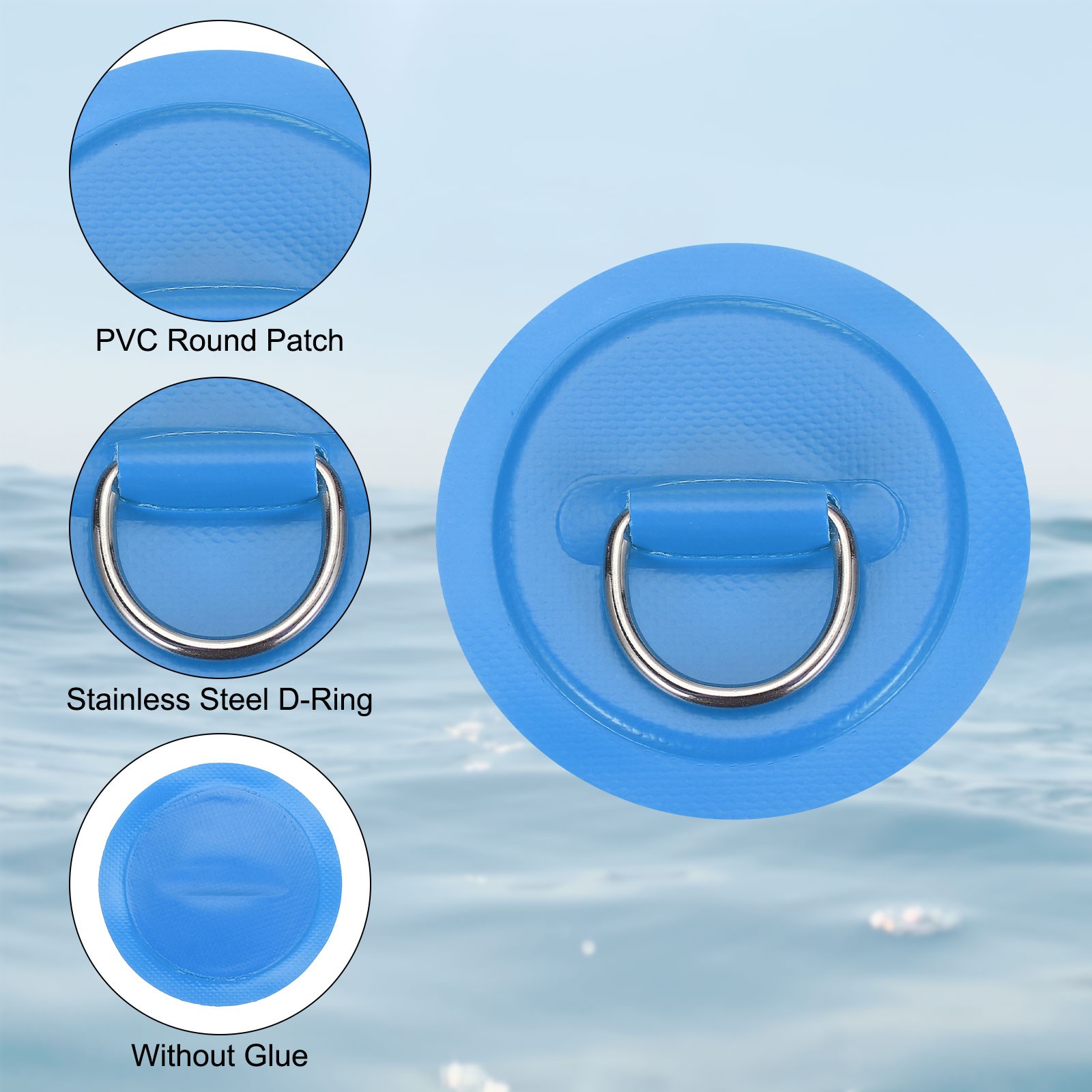 6Pcs Stainless Steel D-Ring Patch Round Patch with Elastic Cords & Hooks Blue