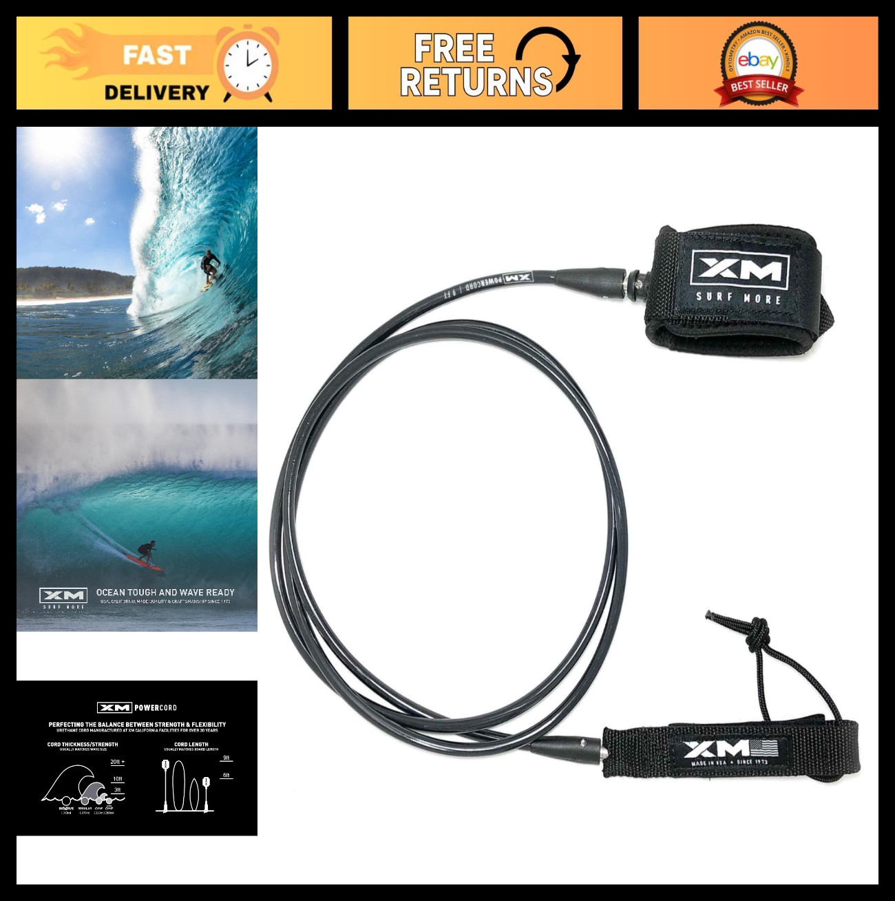 Premium Surfboard Leash 5-12ft, Unbreakable Swivels, Detachable Railsaver, USA M