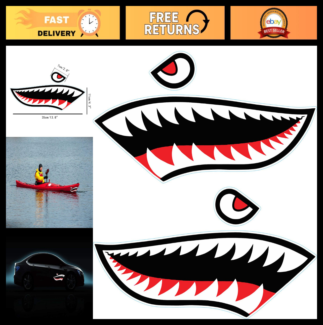 2Pcs Waterproof Shark Teeth Kayak Stickers – Funny Decals for Canoe, Boat, Jet S