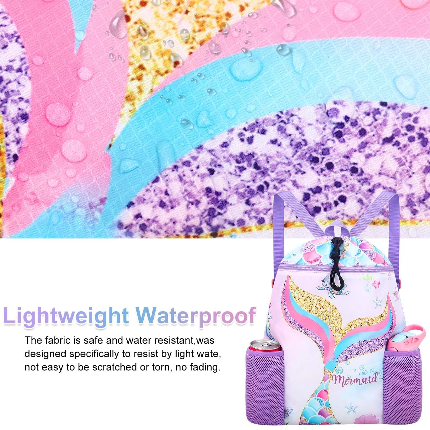 RHCPFOVR Mermaid Swim Bags for Kids – Drawstring Backpack One Size,