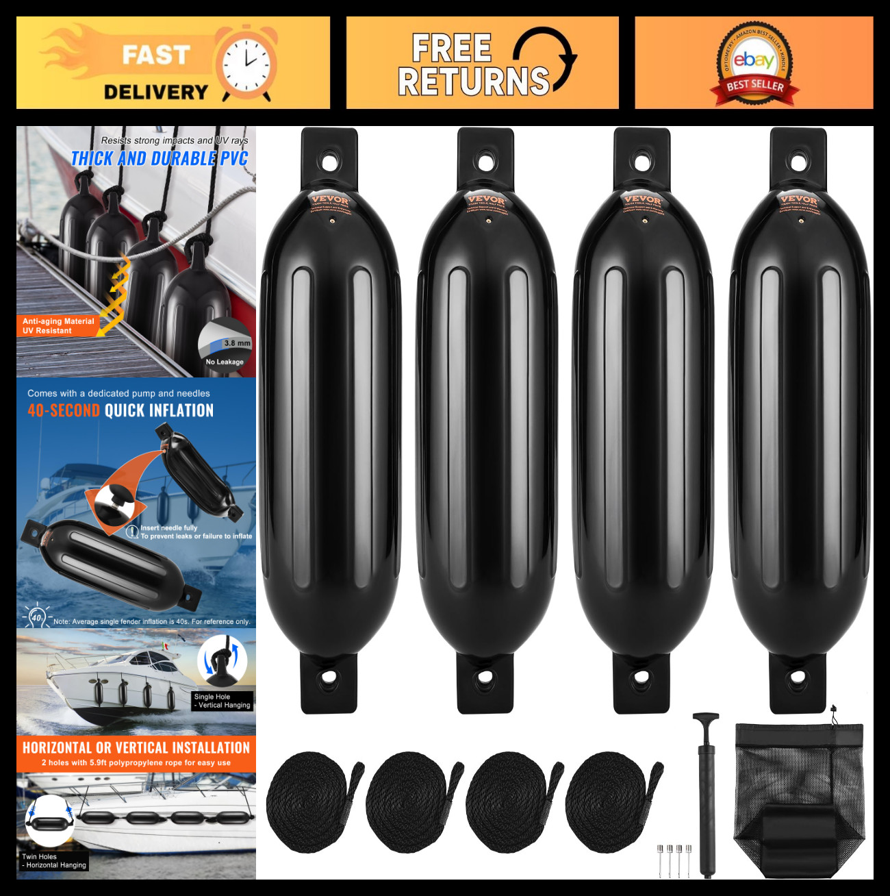 Inflatable Boat Fenders 5.5″ x 20″ – Ribbed Dock Bumpers with Air Pump, Marine S