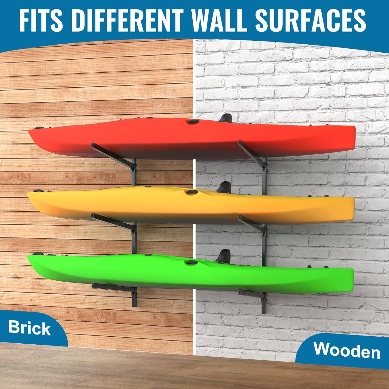 Adjustable 3-Tier Kayak Wall Mount Rack – Holds 300 lbs for Indoor/Outdoor Use