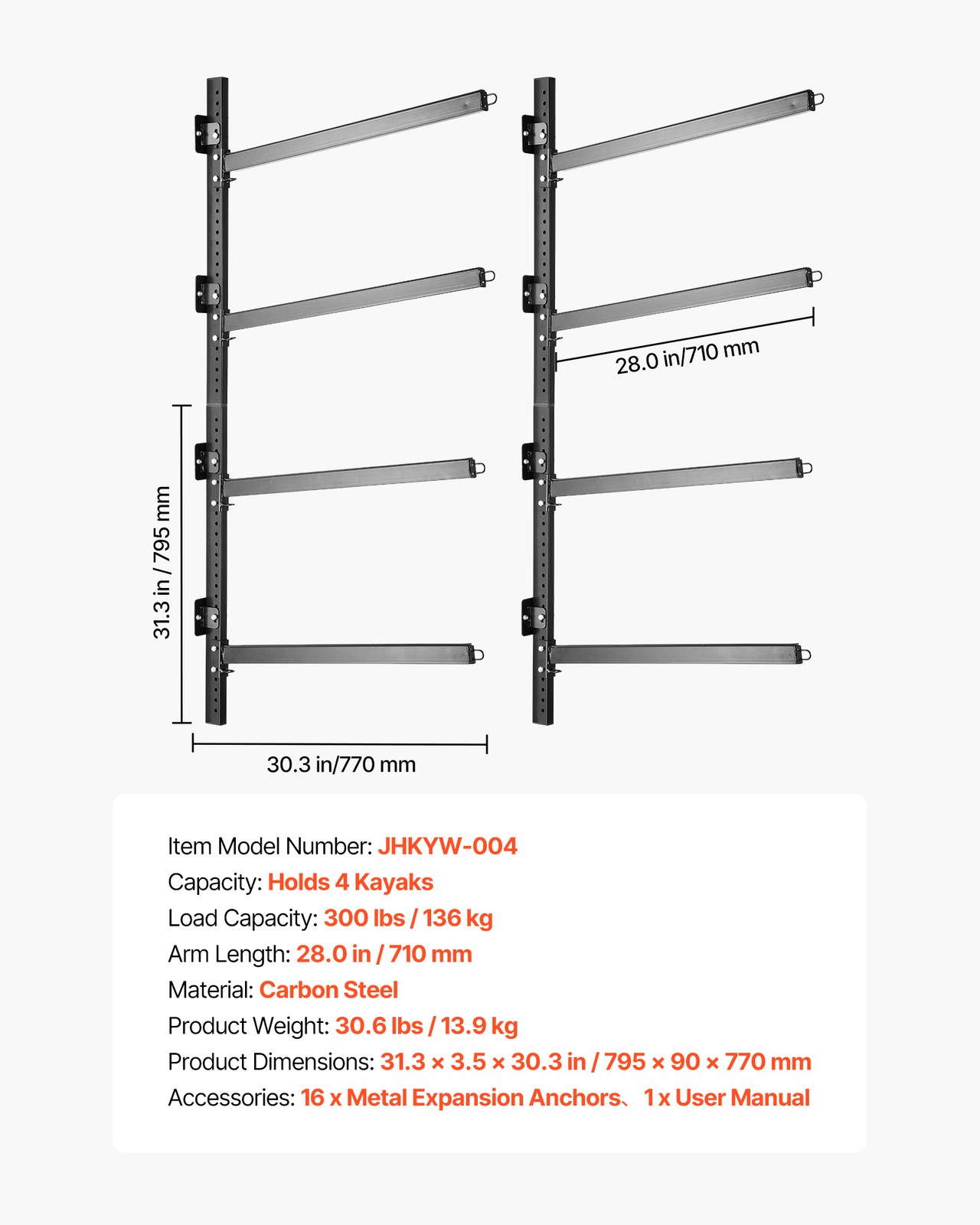 VEVOR Kayak Storage Rack Wall Mounted Kayak Rack 4 Kayaks 300 lbs Paddleboard
