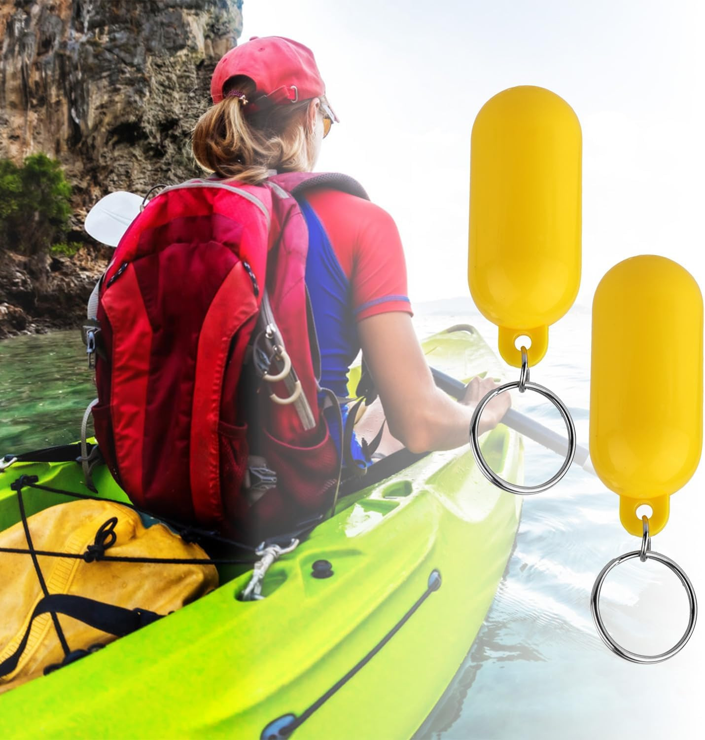 2 Pcs Floating Boat Keychains, Yellow Oval Buoy Float Key Rings for Boating, Fis