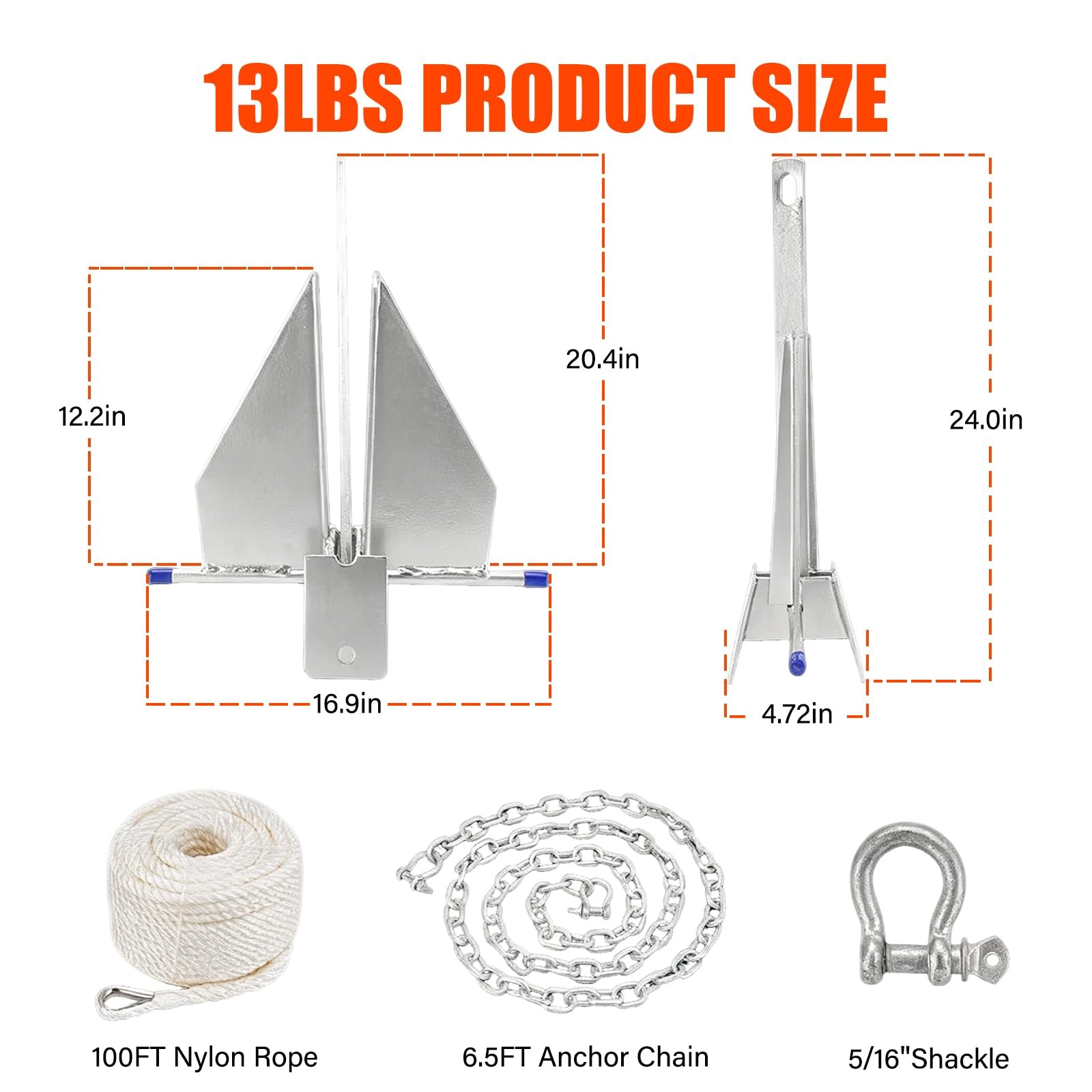 Fluke Style Boat Anchor Kit, Heavy Duty Galvanized Danforth Anchor