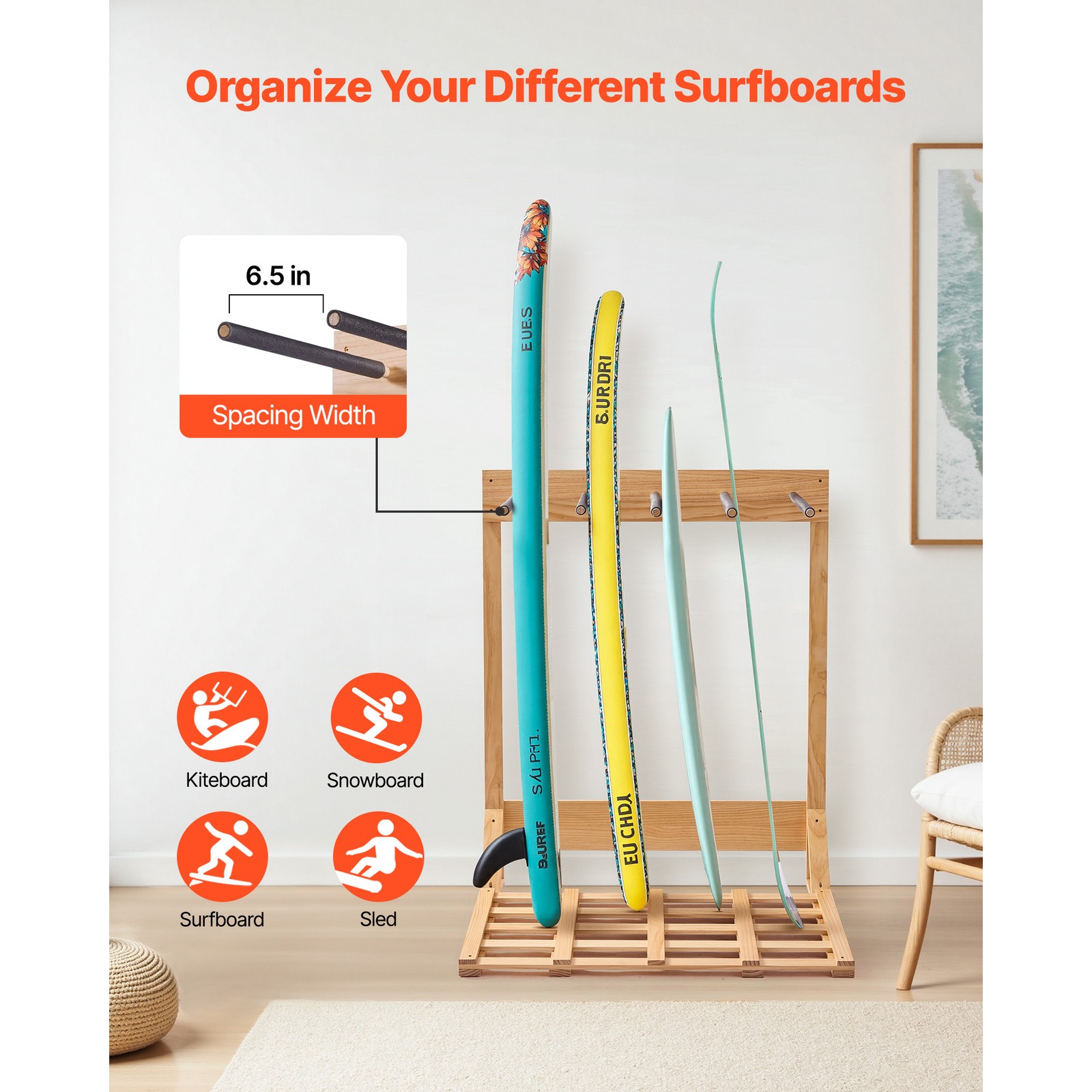 Uimoso Vertical Surfboard Rack with 4 Levels for Storage and Display