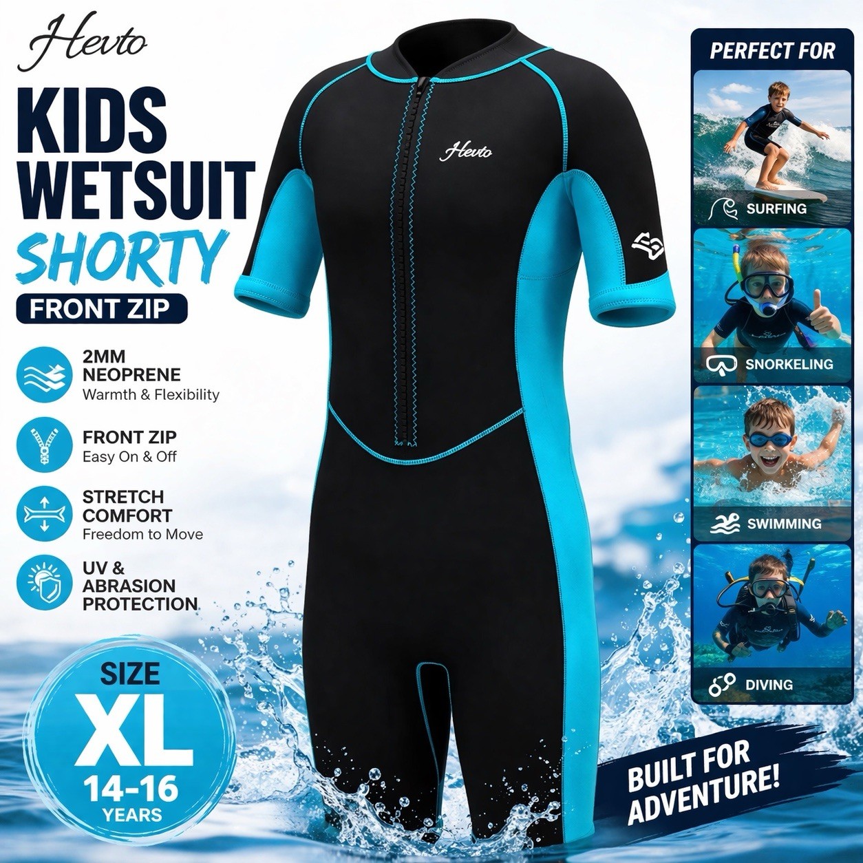 Hevto Kids Wetsuit XL 14-16 2mm Shorty Front Zip Swim Surf Blue