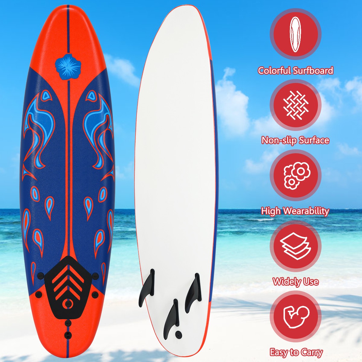 6′ Surfboard Foamie Body Surfing Board W/3 Fins Leash for Kids Adults Red