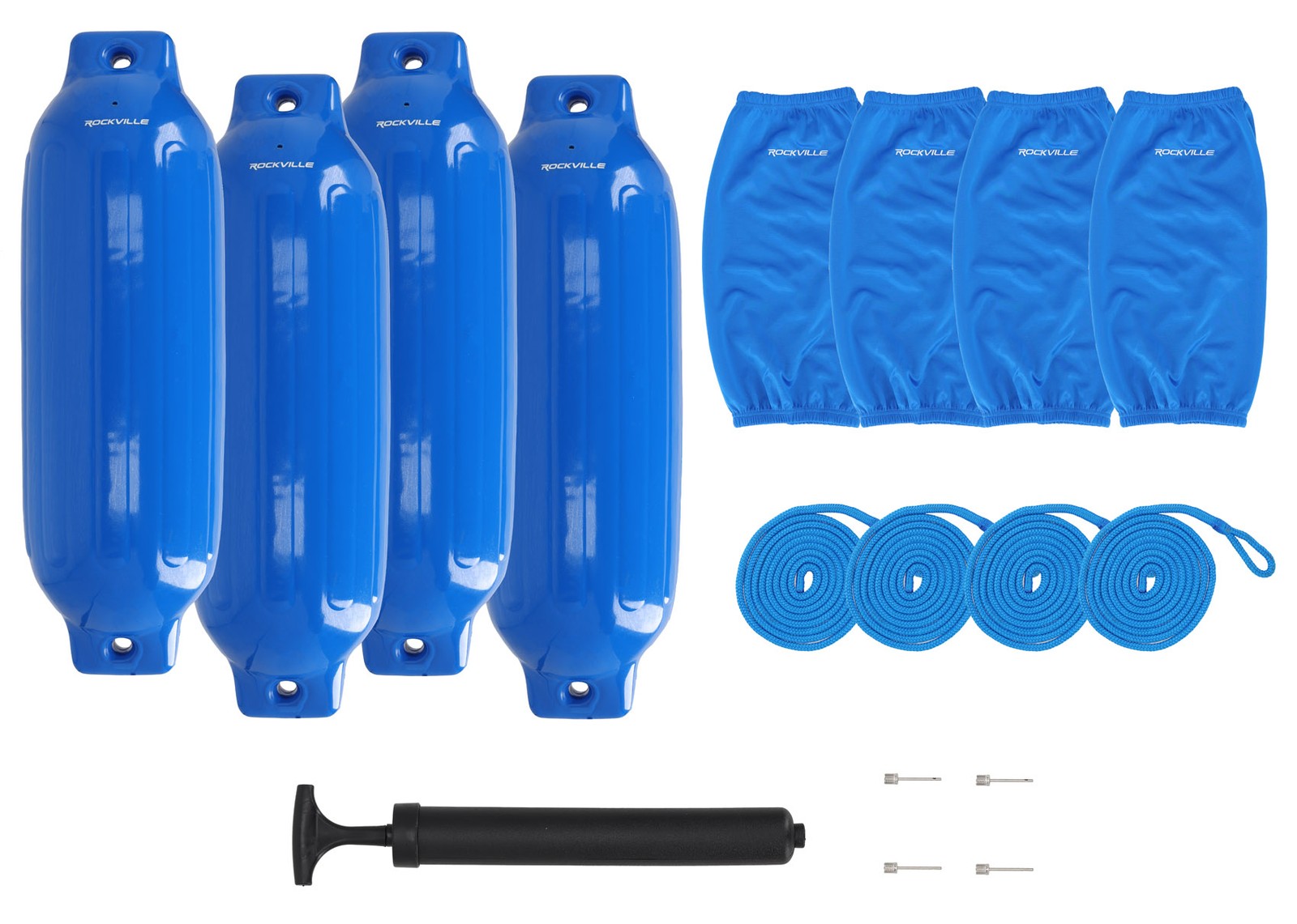 Rockville FEN485-BLUE Boat Fender Package 4 Bumpers 8.5″x27″, 4 Covers, 4 Lines