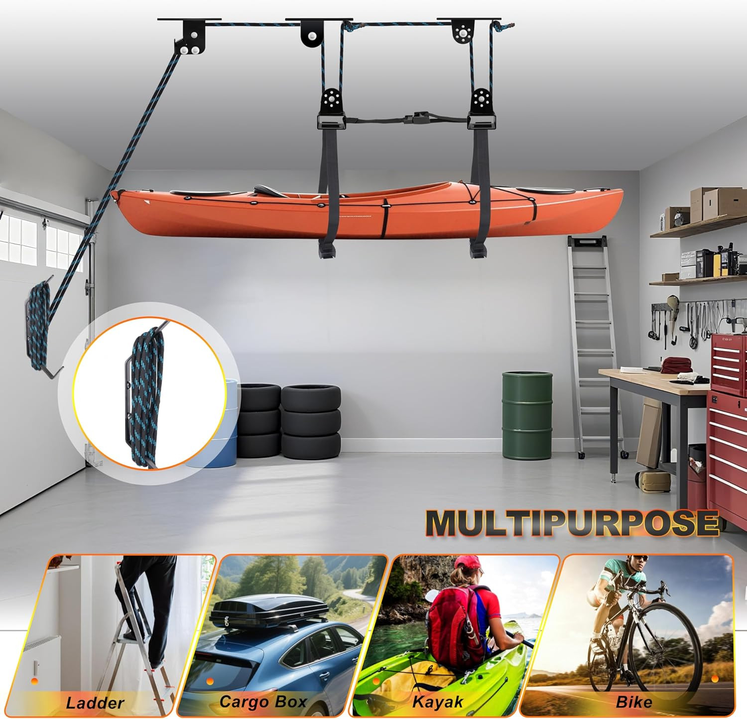 Hikeen Kayak Hoist for Garage Ceiling, Heavy Duty Kayak Pulley System, Hold