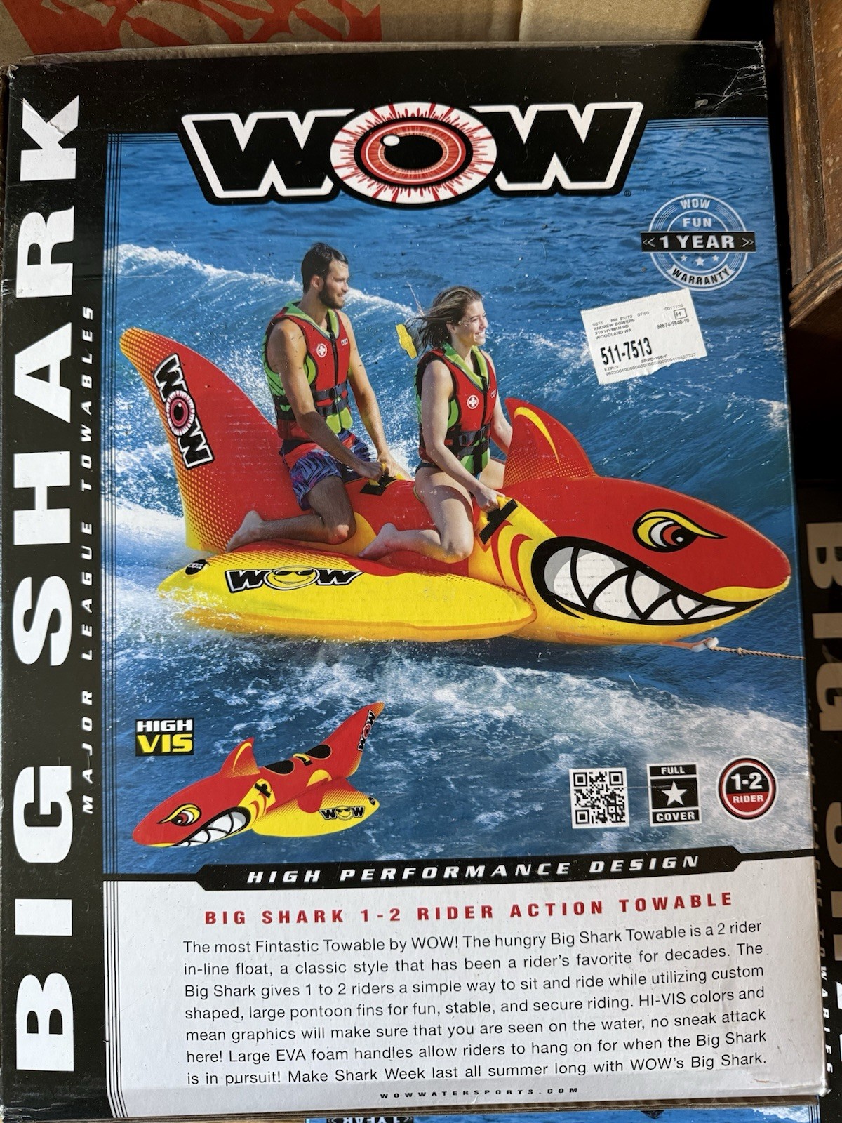 WOW Sports Big Shark Inflatable Towable Tube for Boating 2-Person