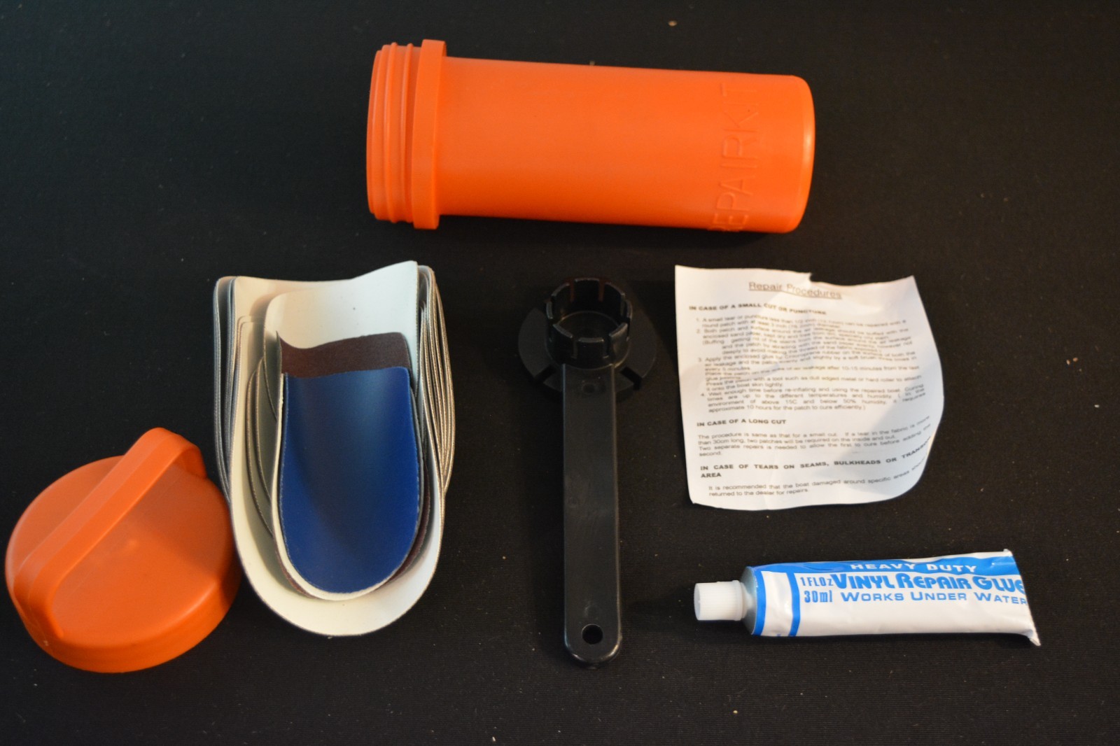 SUP Repair Kit -patches, glue in plastic orange tube, NEW