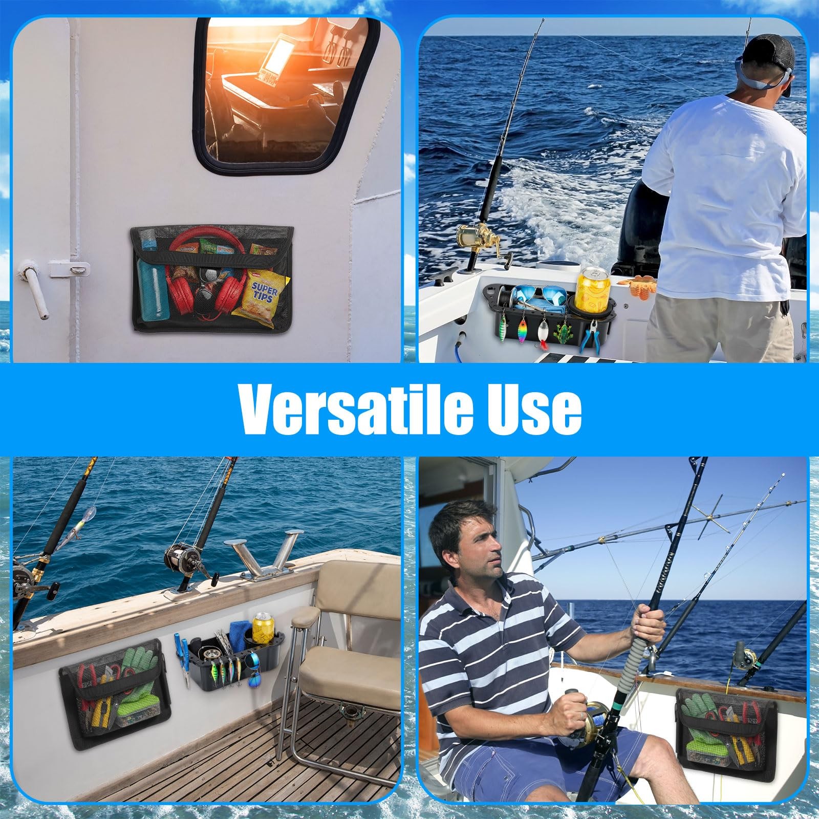 4 PCS Boat Cup Holders Caddy Organizer Mesh Storage Bag Kayak Pontoon Jon