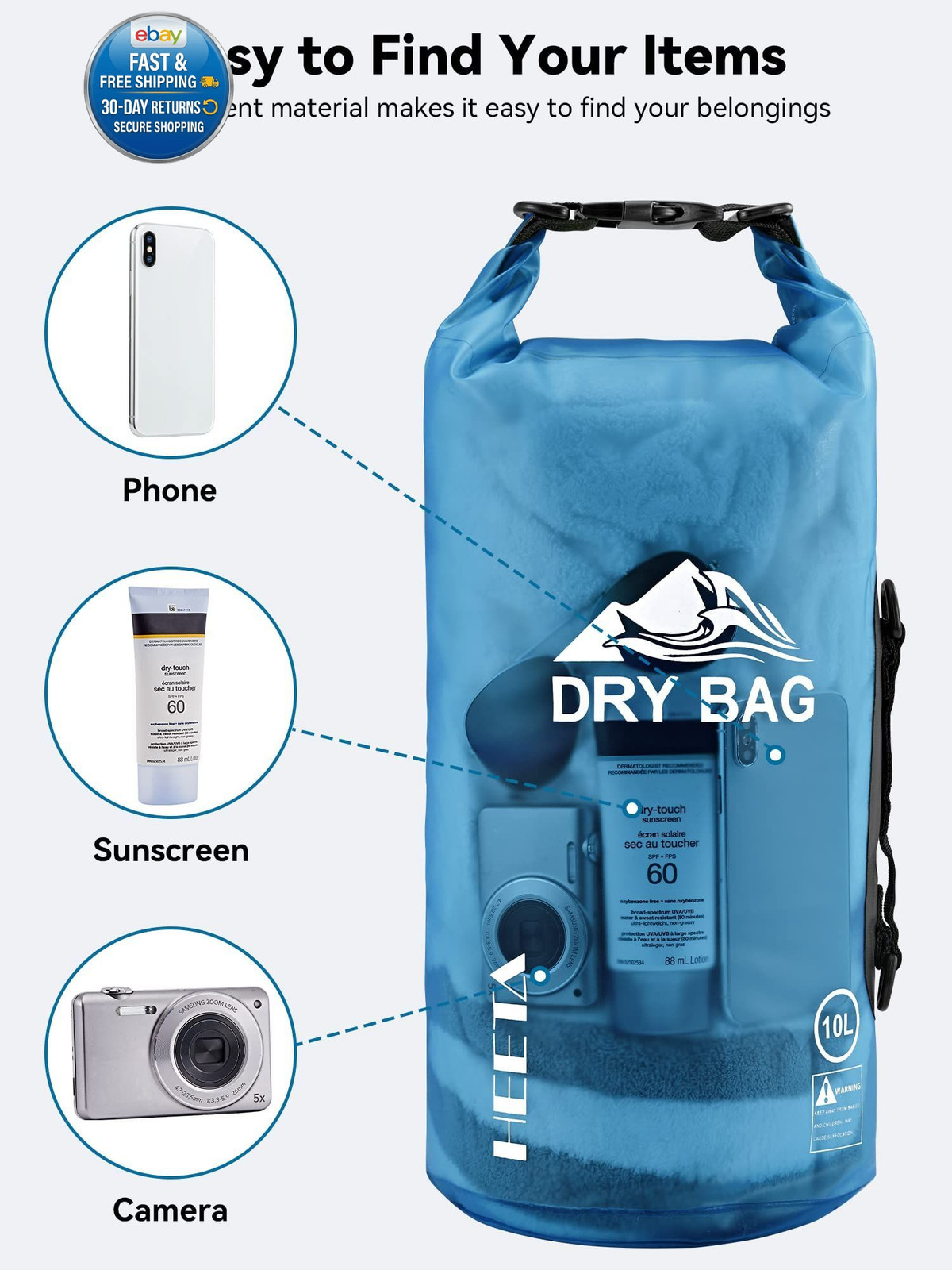 Dry Bag Waterproof for Women Men, Roll Top Lightweight 5L, Blue