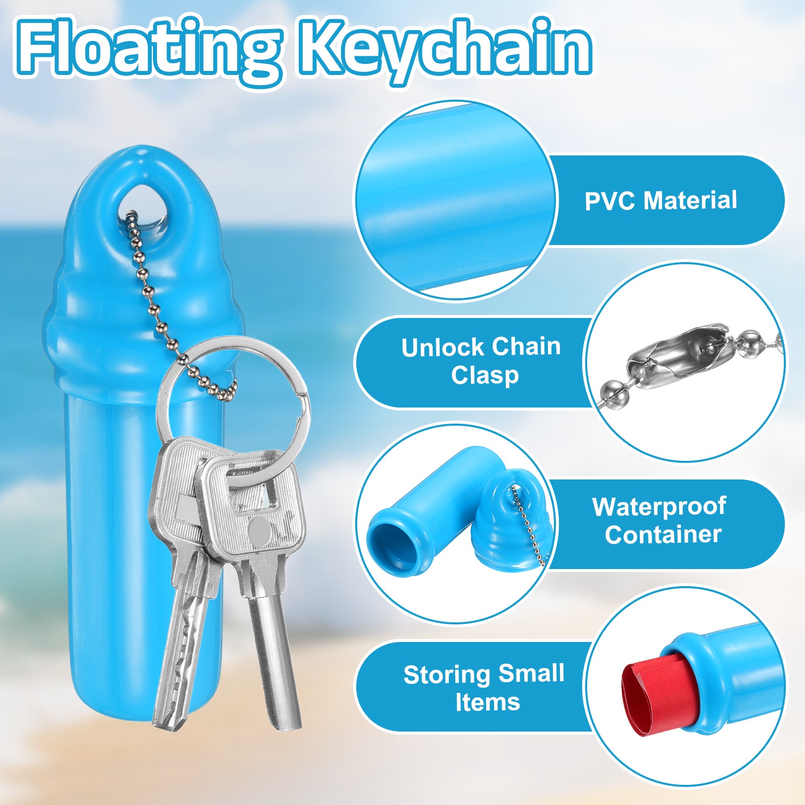 2Pcs Floating Keychain, Float Key Ring Holder with Waterproof Container Sky Blue