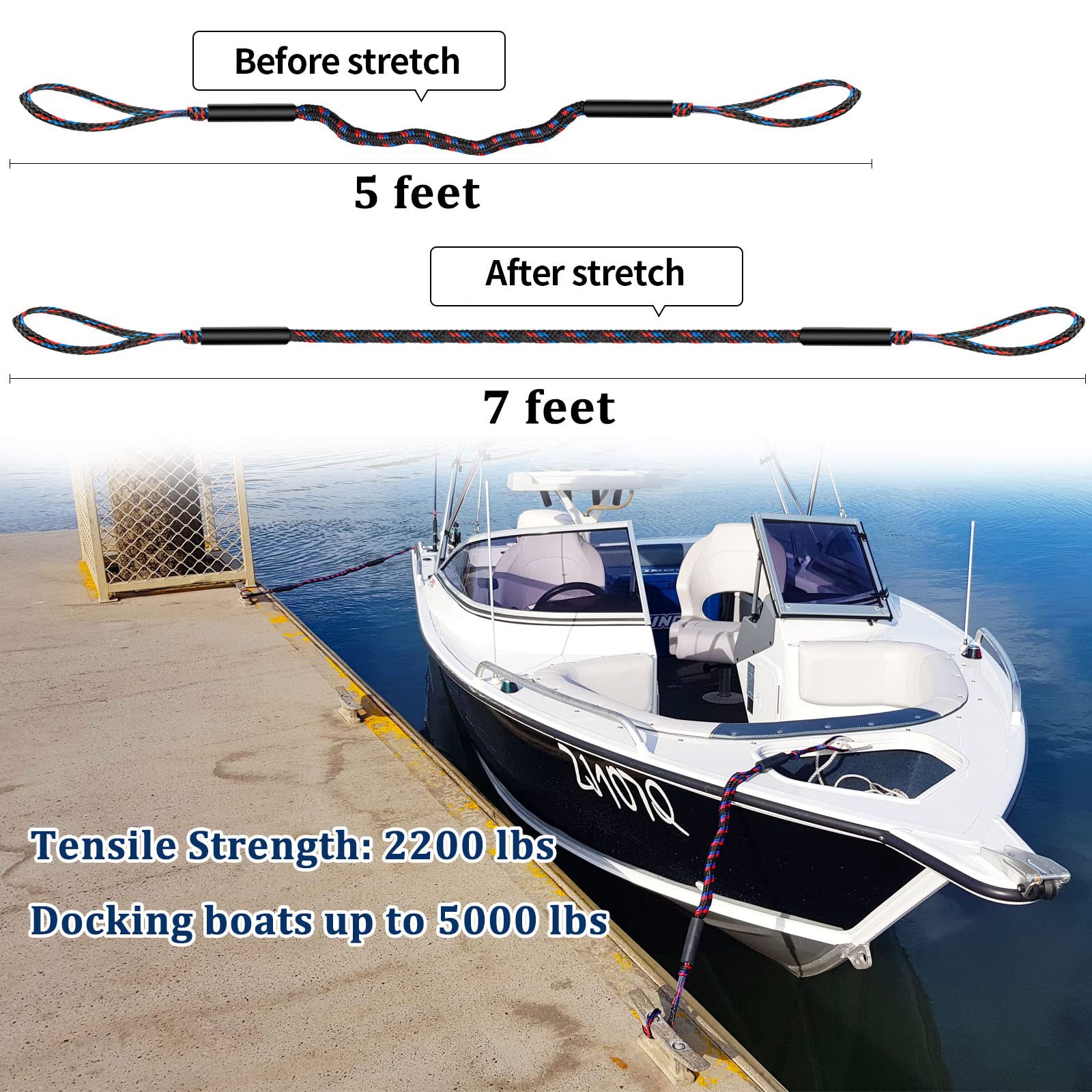 Marine Bungee Dock Line Boat Mooring Rope Bungee Tie Down Stretch 2200LBS