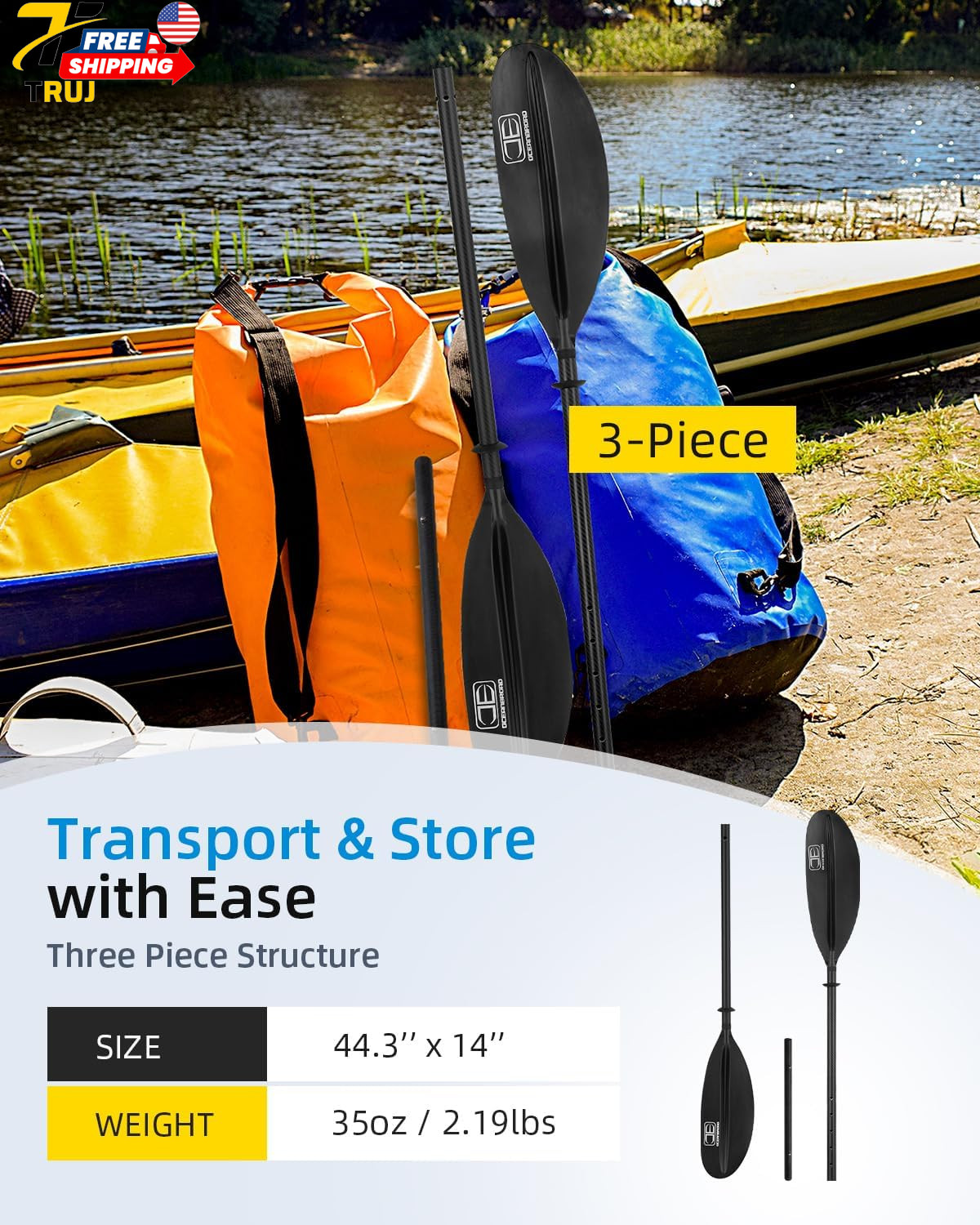 Adjustable Carbon Fiber Kayak Paddle 86In/220Cm to 94In/240Cm Kayaking Oar for A