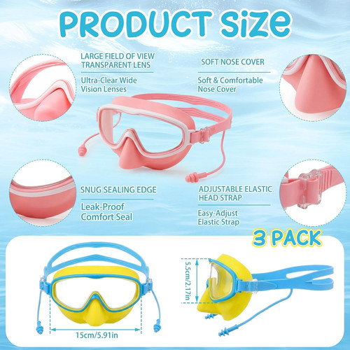 Tellegloww 3 Pack Kid Swim Goggles with Nose Cover Wide Yellow, Pink, Blue