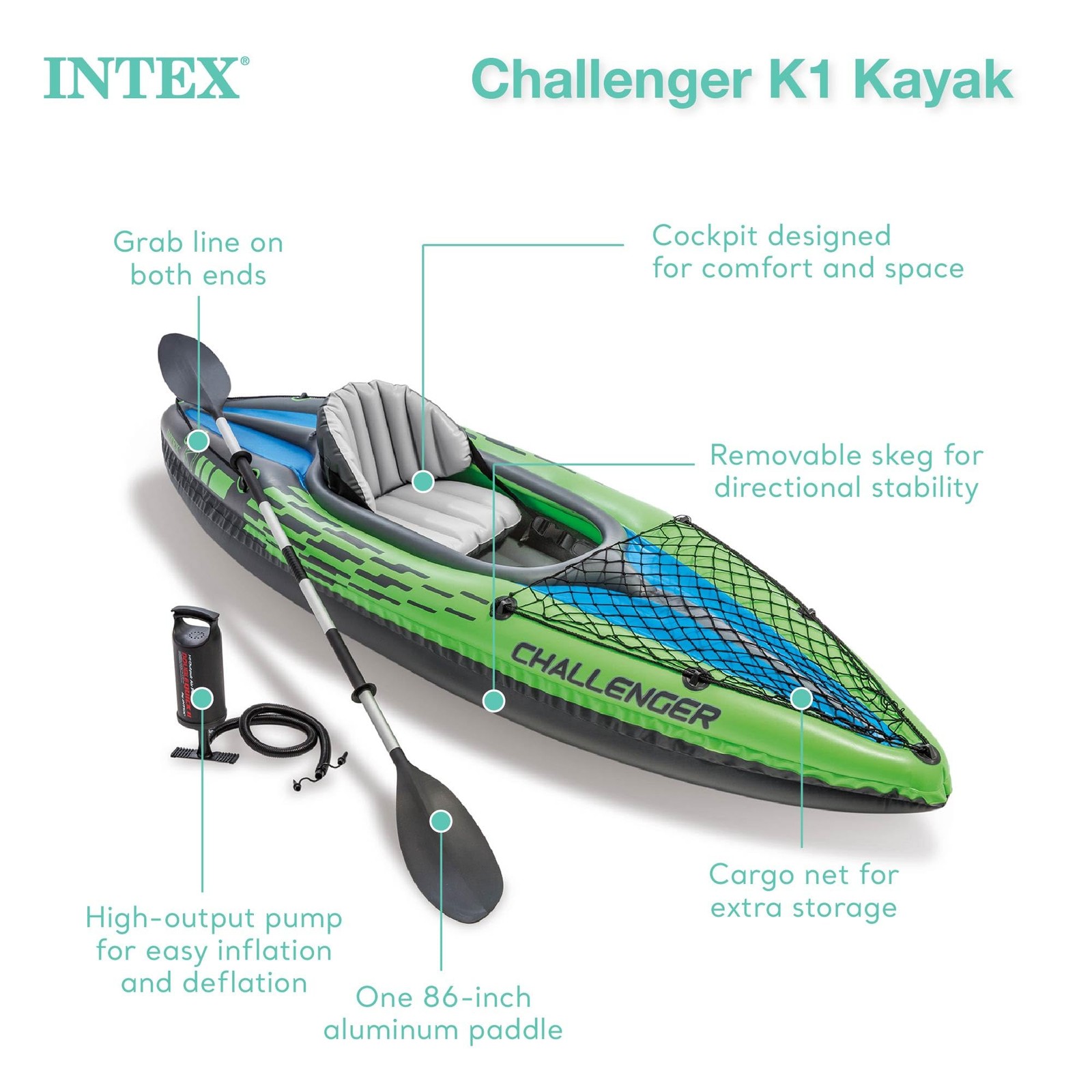 INTEX 68305EP Challenger K1 Inflatable Kayak Set: K1: 1-Person, Green/Blue