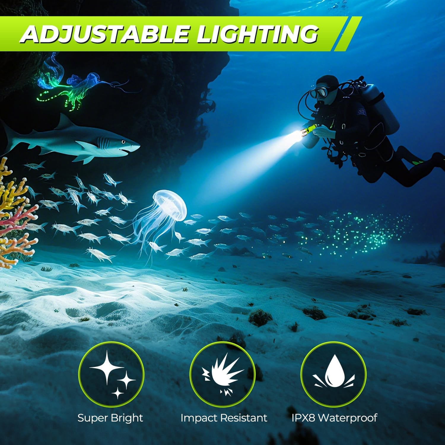 Diving Flashlight 1500 Lumen LED, Waterproof Rechargeable Torch for Night Diving