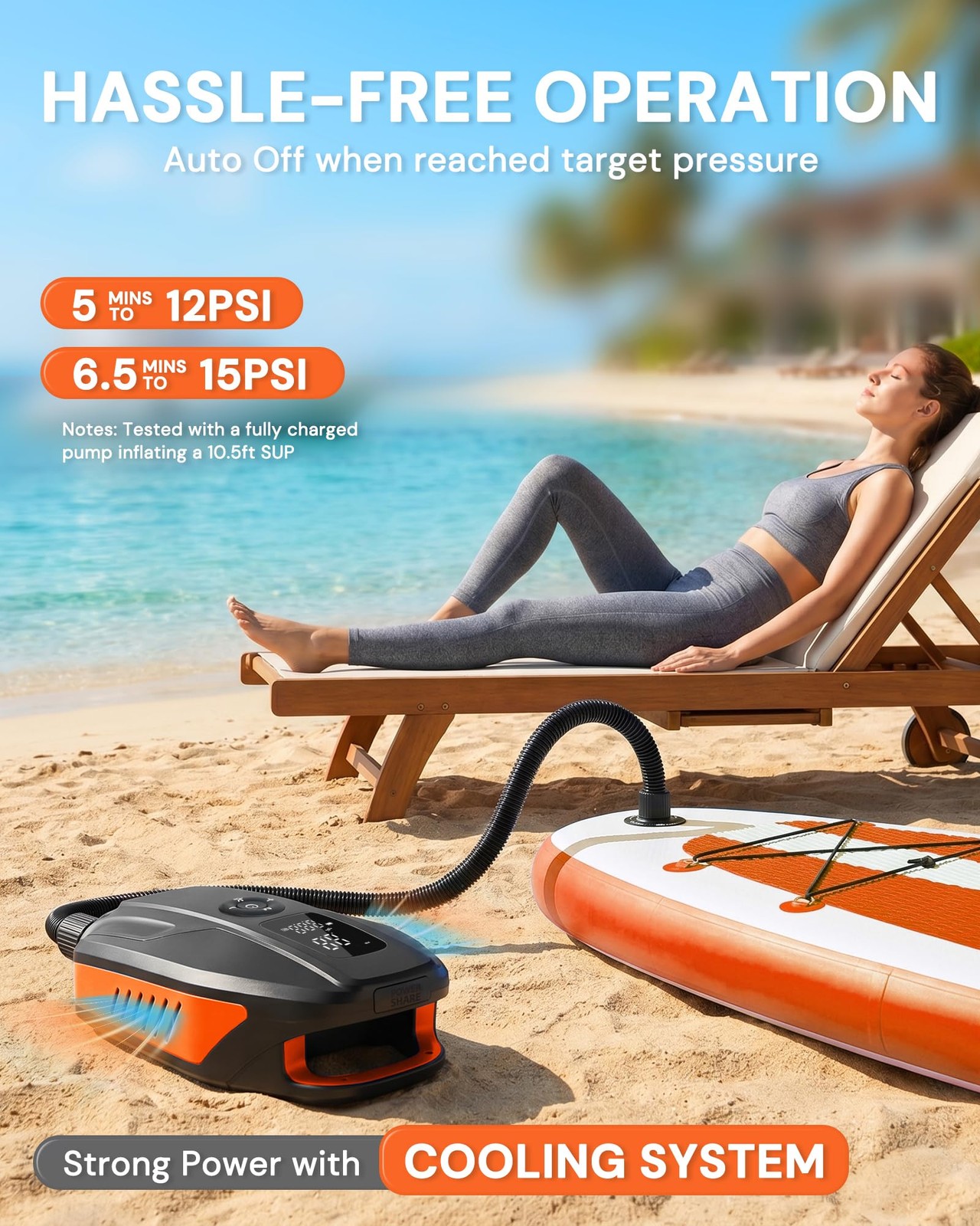 Paddle Board Electric Pump, 18000mAh Rechargeable 20PSI Black with Orange