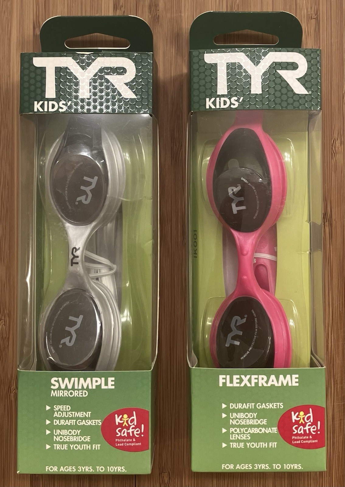 2 PACK TYR Kids Swim Goggles: 1 Swimple-Mirrored/Grey & 1 Flexframe-Tinted/Pink