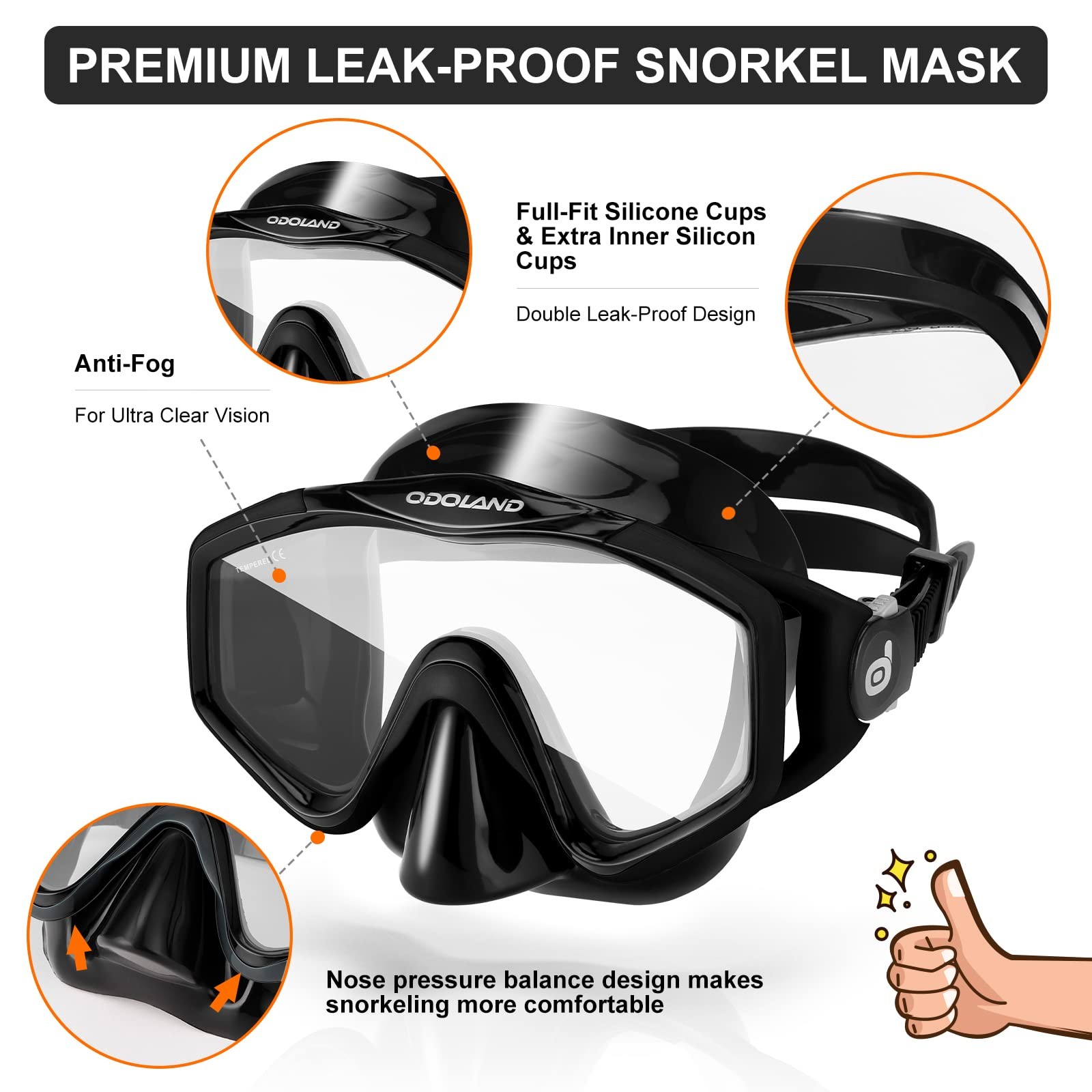 Odoland Snorkel Set, Snorkeling S/M (US Men 4.5-8.5/ Women 5.5-9.5), Black