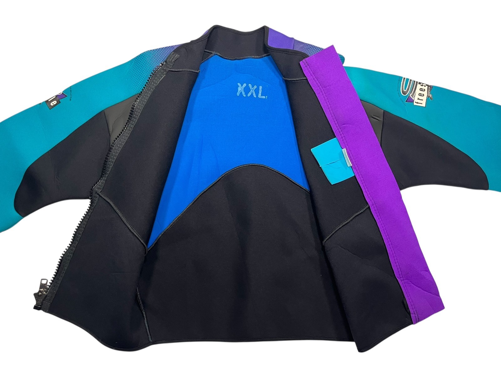 Vtg SLIPPERY WHEN WHEN Teal/Purple Neoprene FULL-ZIP WETSUIT TOP Rash Guard Adul