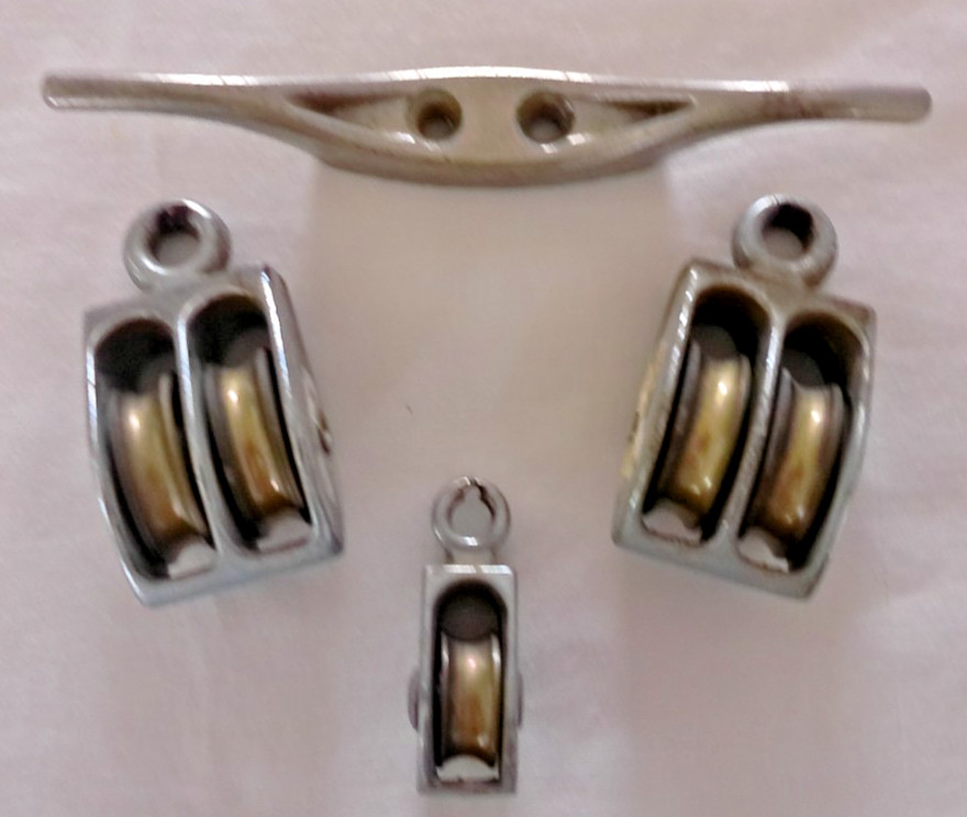 4 Piece Set – 3 Nickel Bronze Block Tackle Pulleys, 1 Cleat – Marine Boat Sail