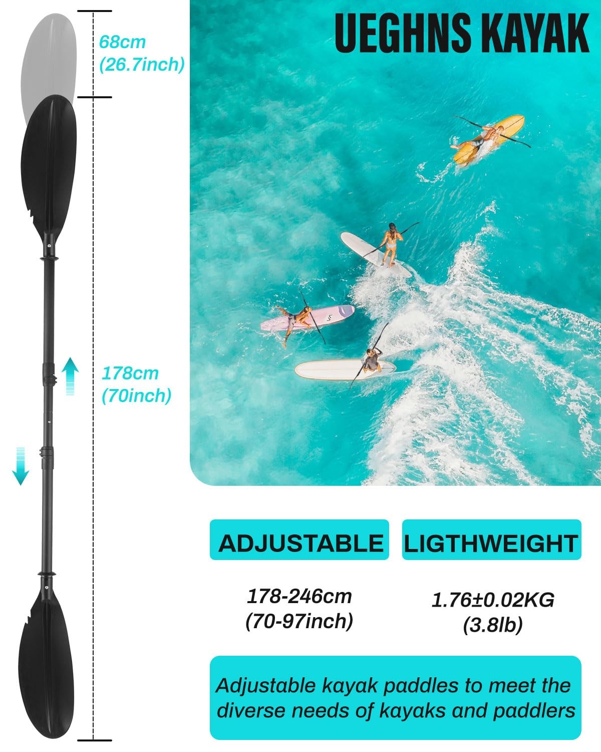 Kayak Paddles with Paddle Leash 70in-97in Kayaking Oars for Sale, Kayak Paddling