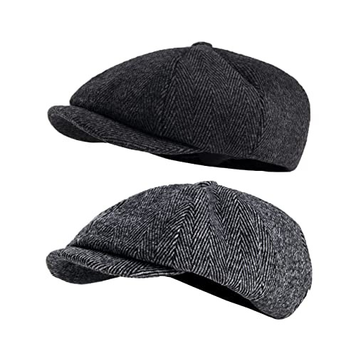 2 Pack Newsboy Cap Peaky Herringbone Baker Boy Flat Caps for Men Women (Black