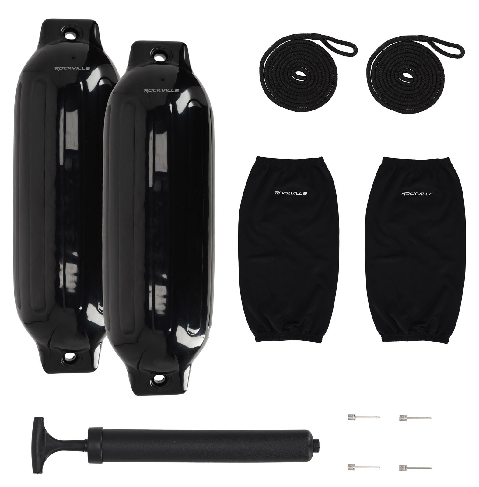 Rockville FEN285-BLACK Boat Fender Package 2 Bumpers 8.5″x27″, 2 Covers, 2 Lines