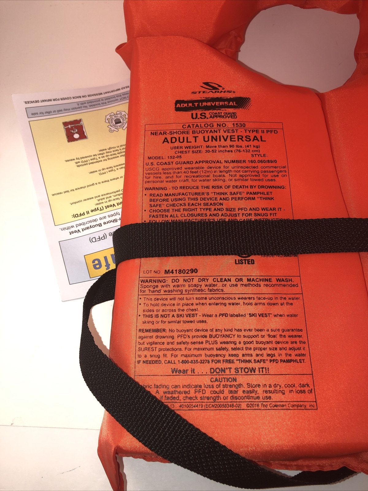 Stearns Life Vest Adult Type II Boating 30-52″ Chest Over 90 LBS Life Jacket