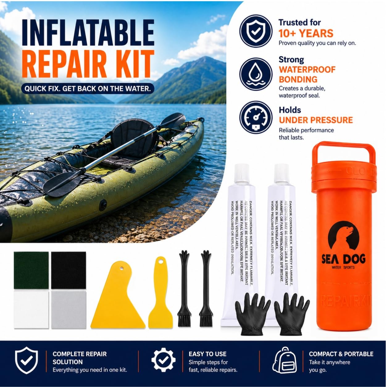 Heavy Duty PVC Repair Kit for Inflatable Boats & Kayaks – Waterproof Permanen…