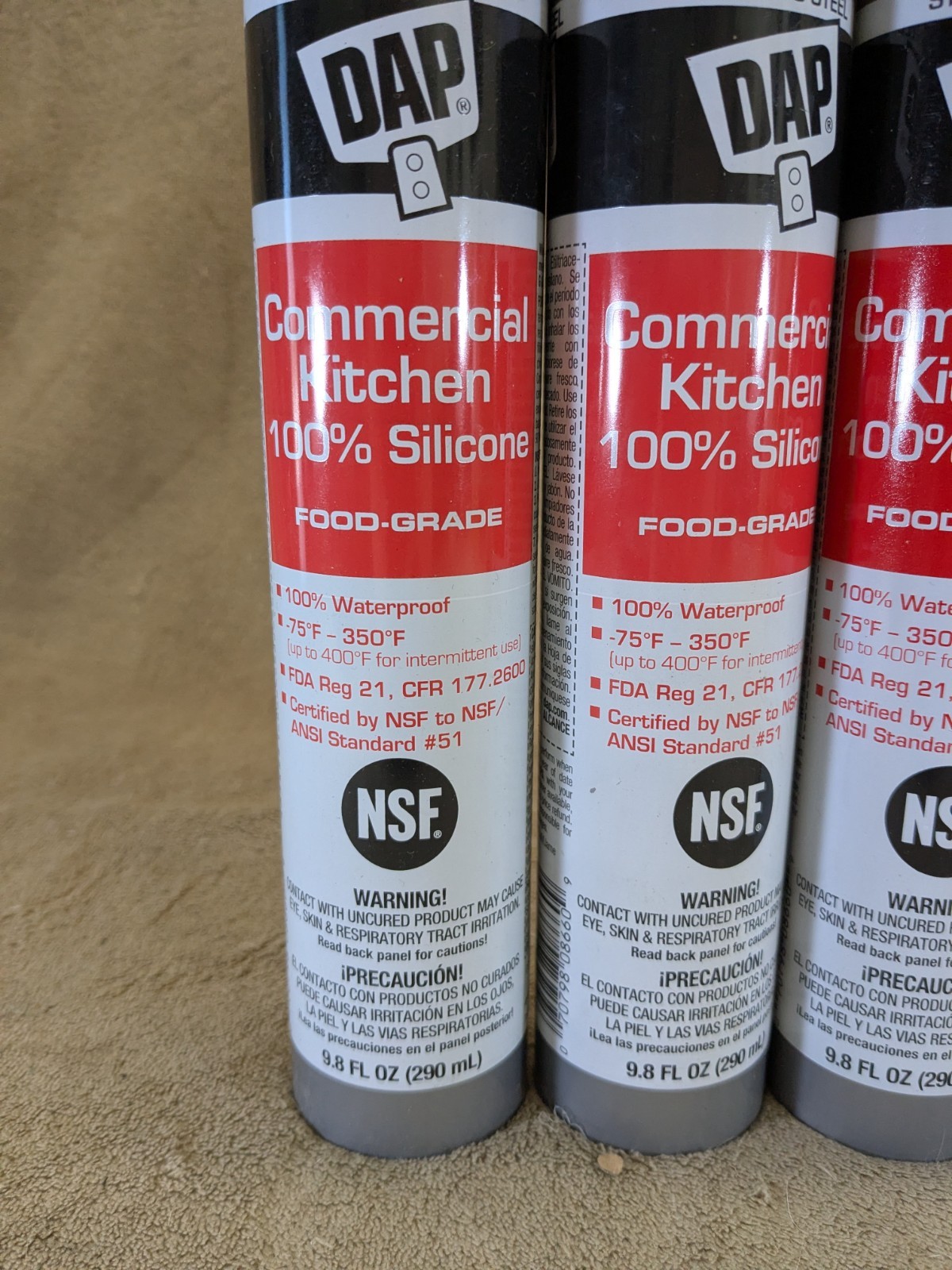 Lot of 4 DAP Commercial Kitchen 100% Silicone Sealant, 9.8 Oz, Stainless Steel