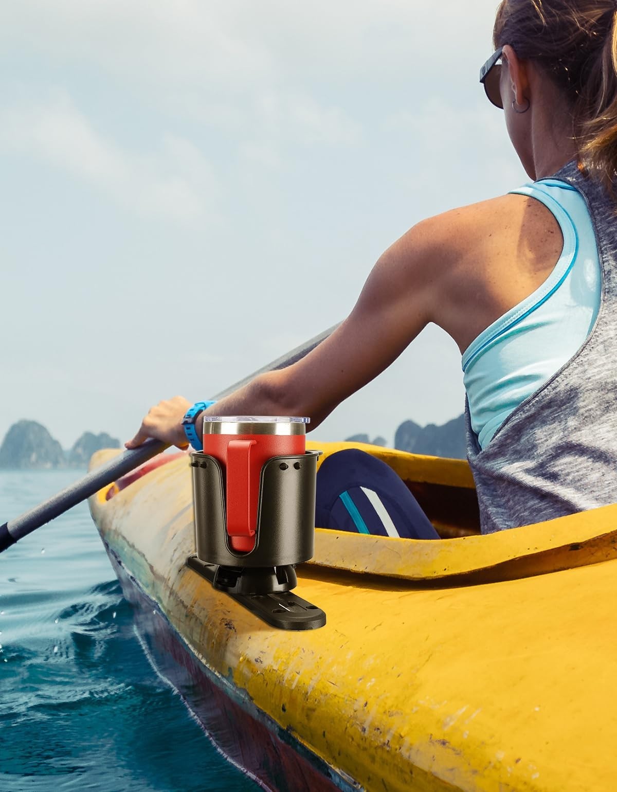 Universal Kayak Cup Holder with Track Mount, Anti-Slip Clips for 12-32 oz Bottle