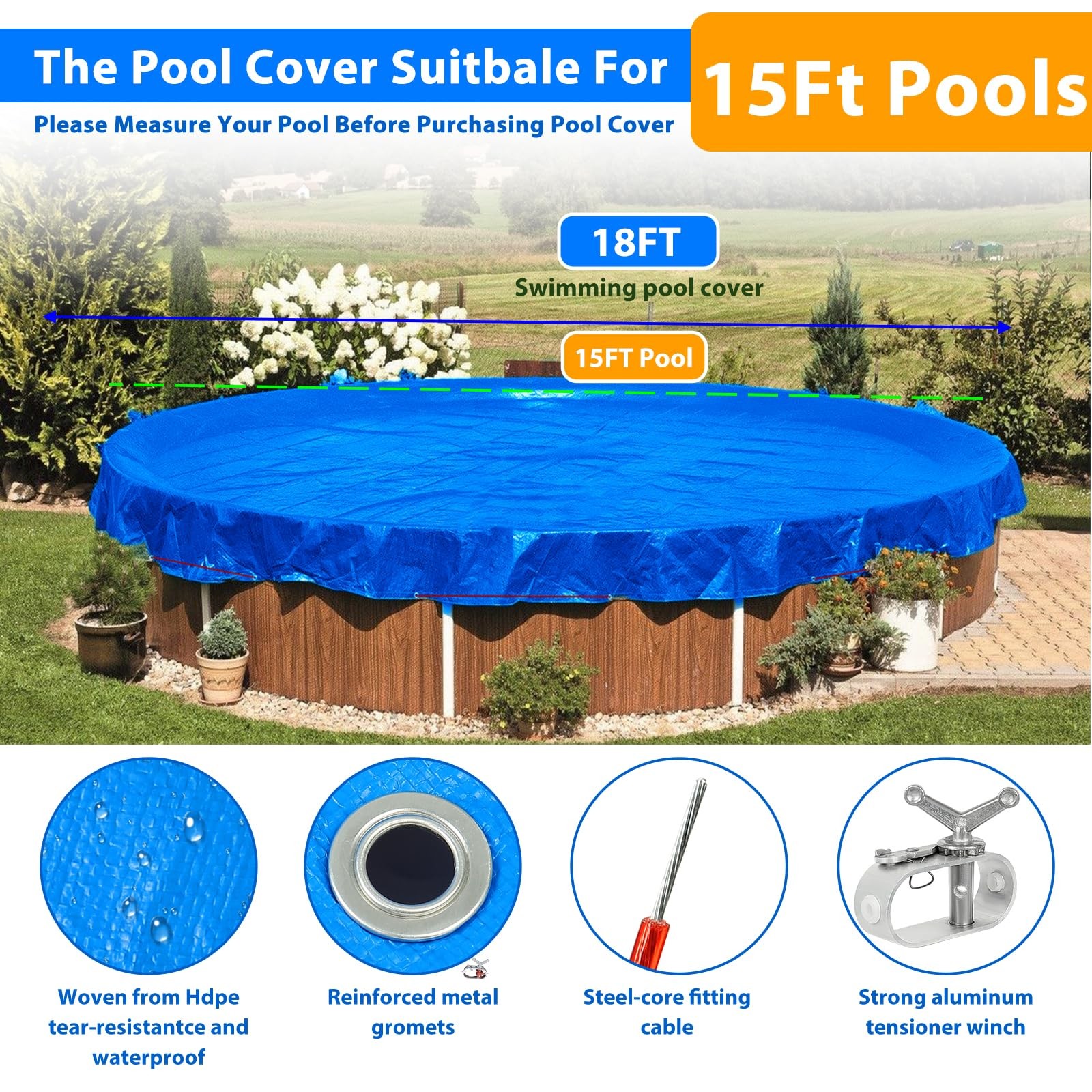 Winter Pool Cover 15 Ft Round Above Ground Kits with 3.6′ Pool Pillows