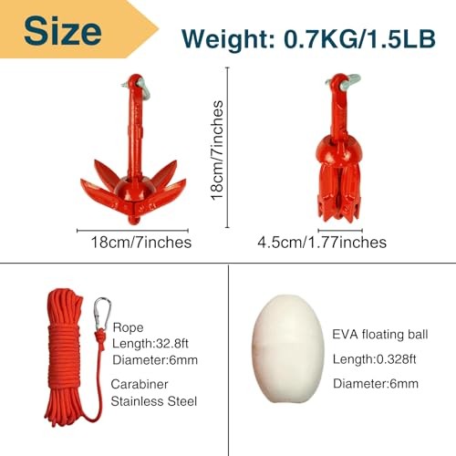 Kayak Anchor Kit 1.5/3.5lb Folding Small Boat Anchor for Paddle Board Red1.5lb
