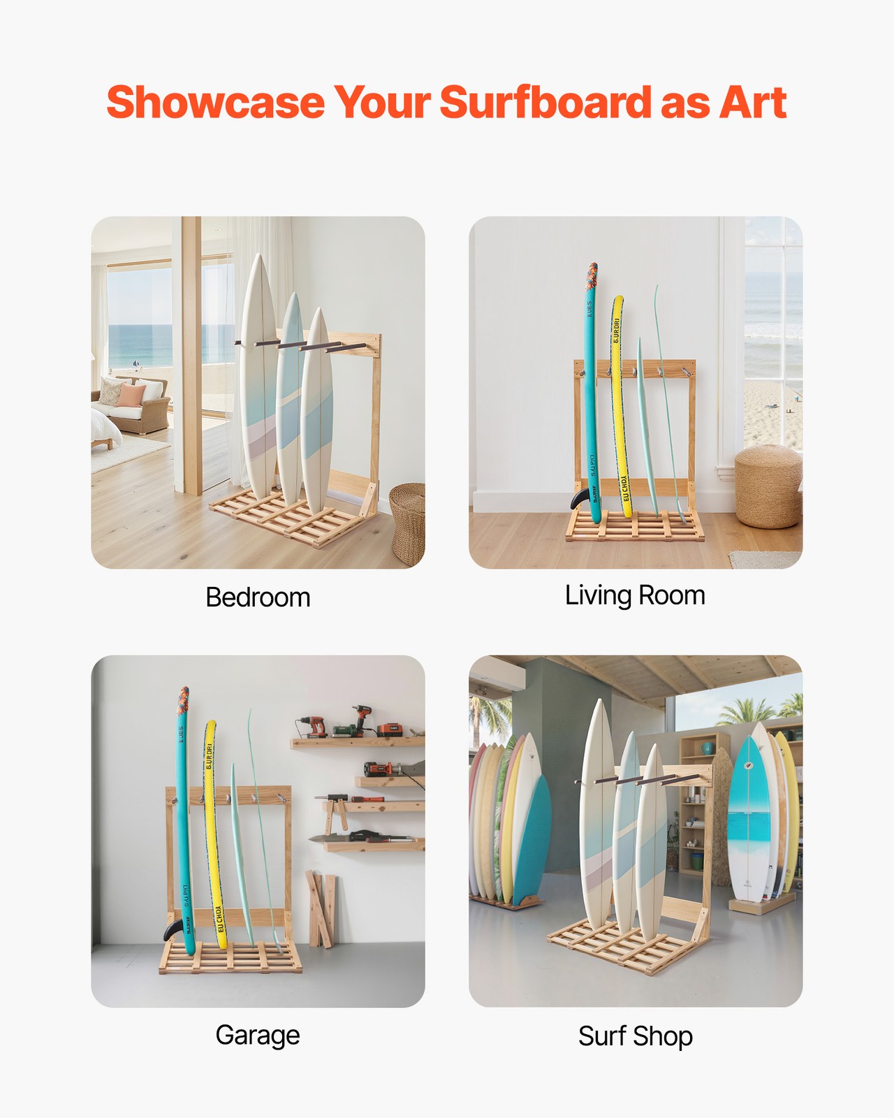 VEVOR Vertical Surfboard Stand 4 Tiers Wood Surfboard Rack for Storage & Display