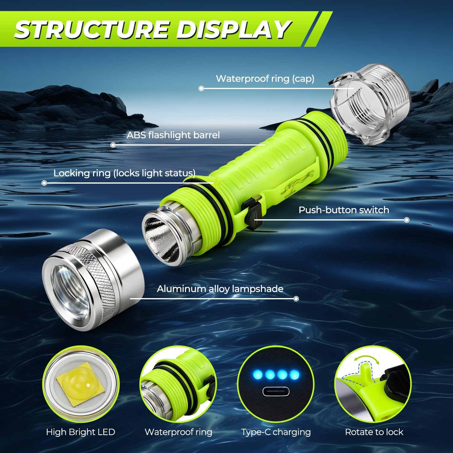Diving Flashlight 1500 Lumen LED, Waterproof Rechargeable Torch for Night Diving