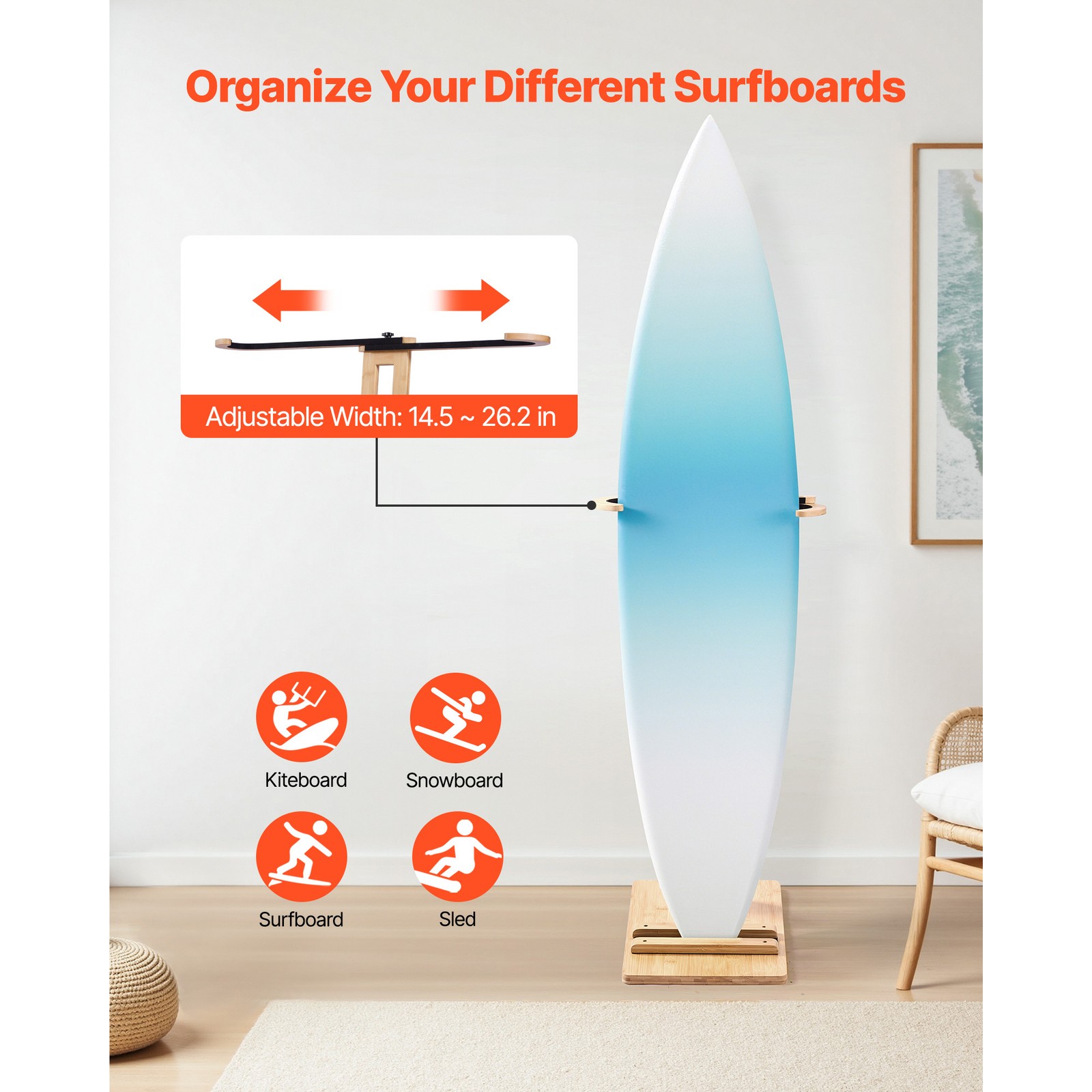 Uimoso Adjustable Wooden Surfboard Rack for Vertical Storage and Display