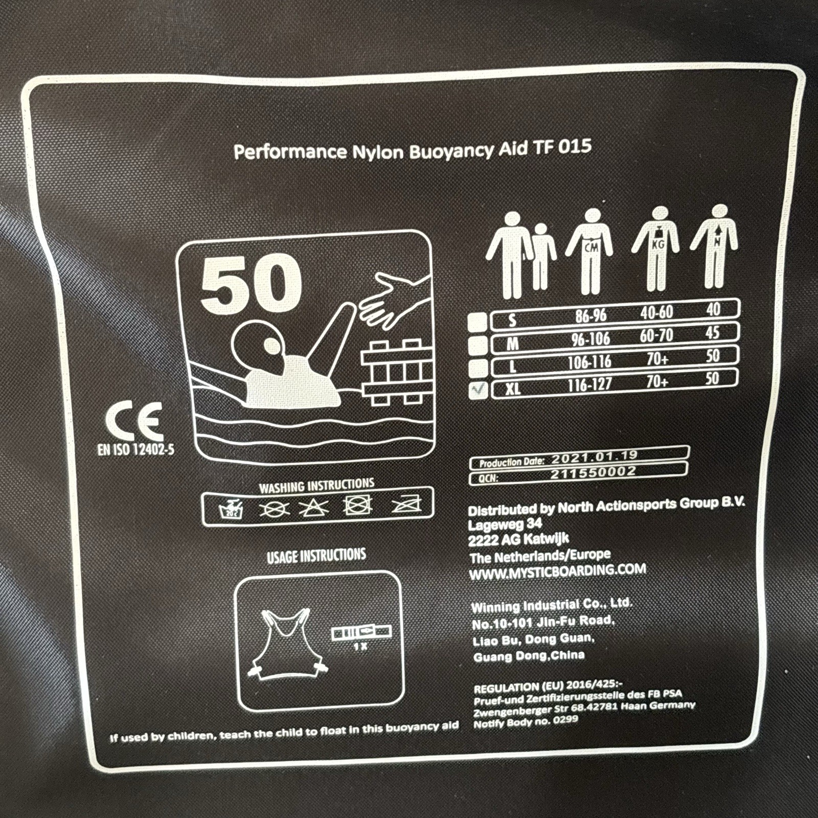 Mystic Performance Nylon Buoyancy Aid TF 015 Life Vest Black Grey Size XL 50N