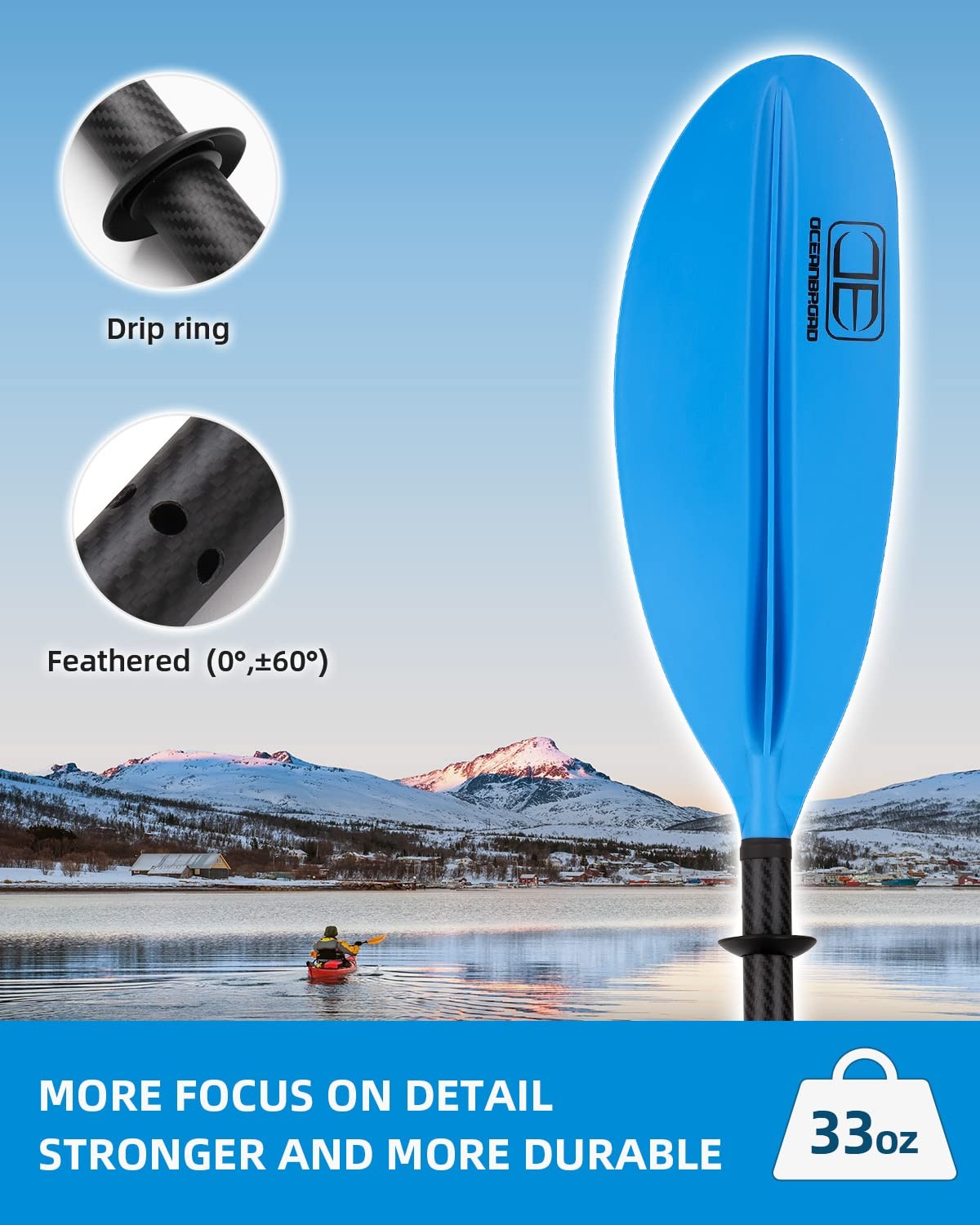 OCEANBROAD Carbon Fiber Kayak Paddle 90.5in/230cm for Adults Kayaking