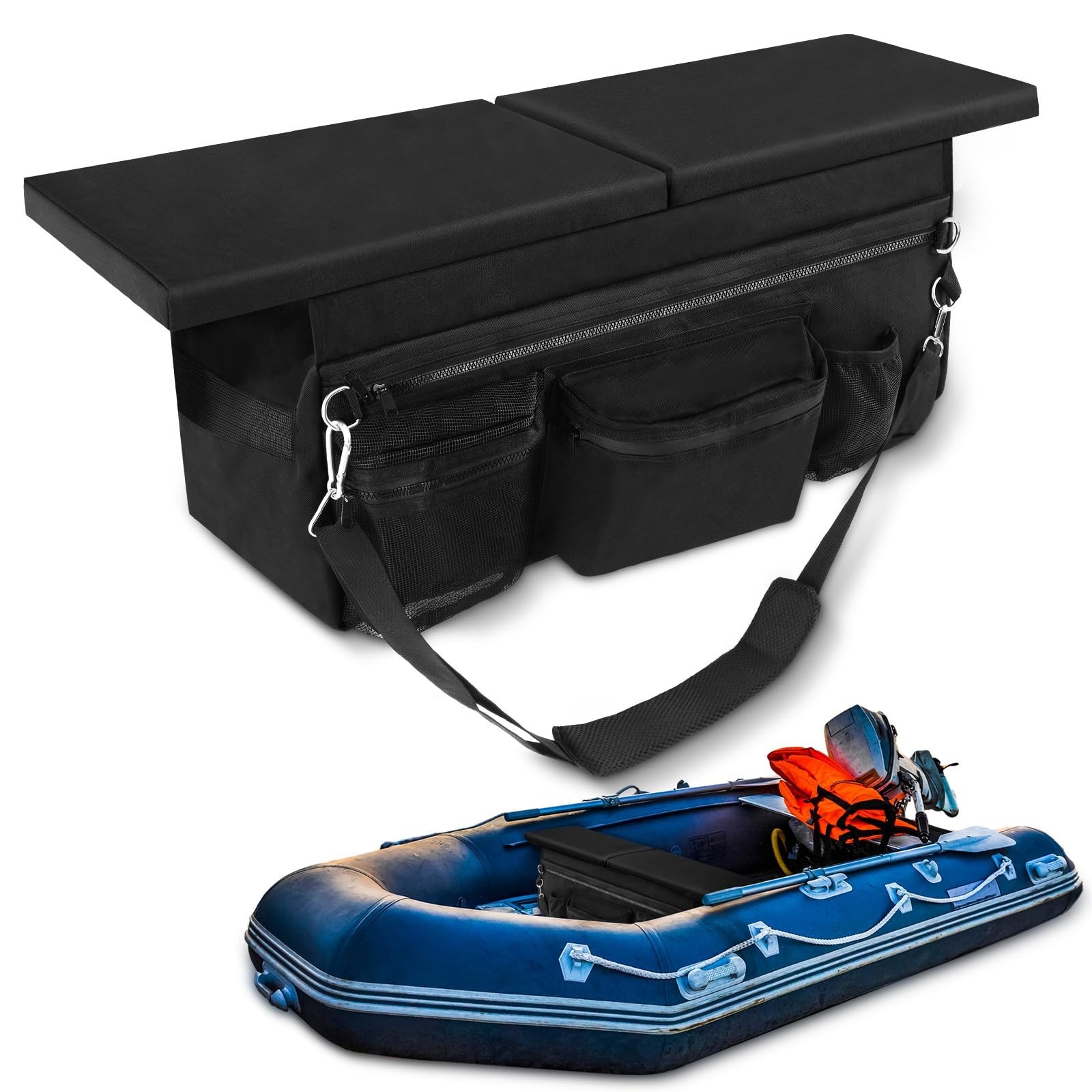 Inflatable Boat Seat Cushion & Underseat Bag with Pockets – Water Resistant Thic