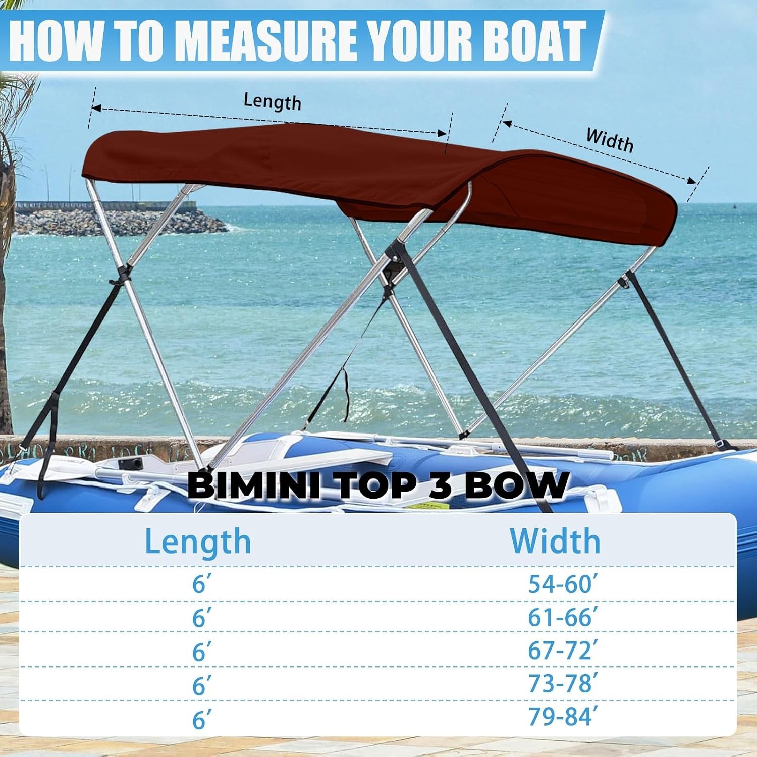 3 Bow Bimini Top Replacement Canvaswith Stern Light Hole and Storage Boot, 1200D