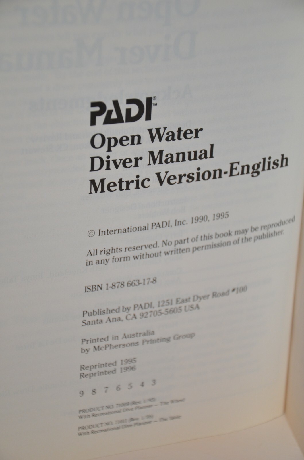 PADI 1996 Open Water Diver Manual metric version Australian English