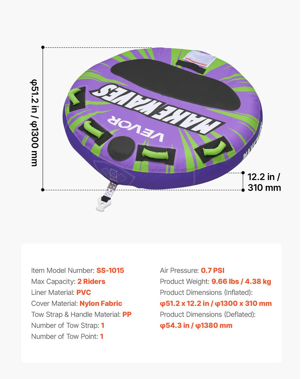 2 Person Towable Boat Tube Inflatable Water Sport Tube w/ Anti-Slip Pad Handles